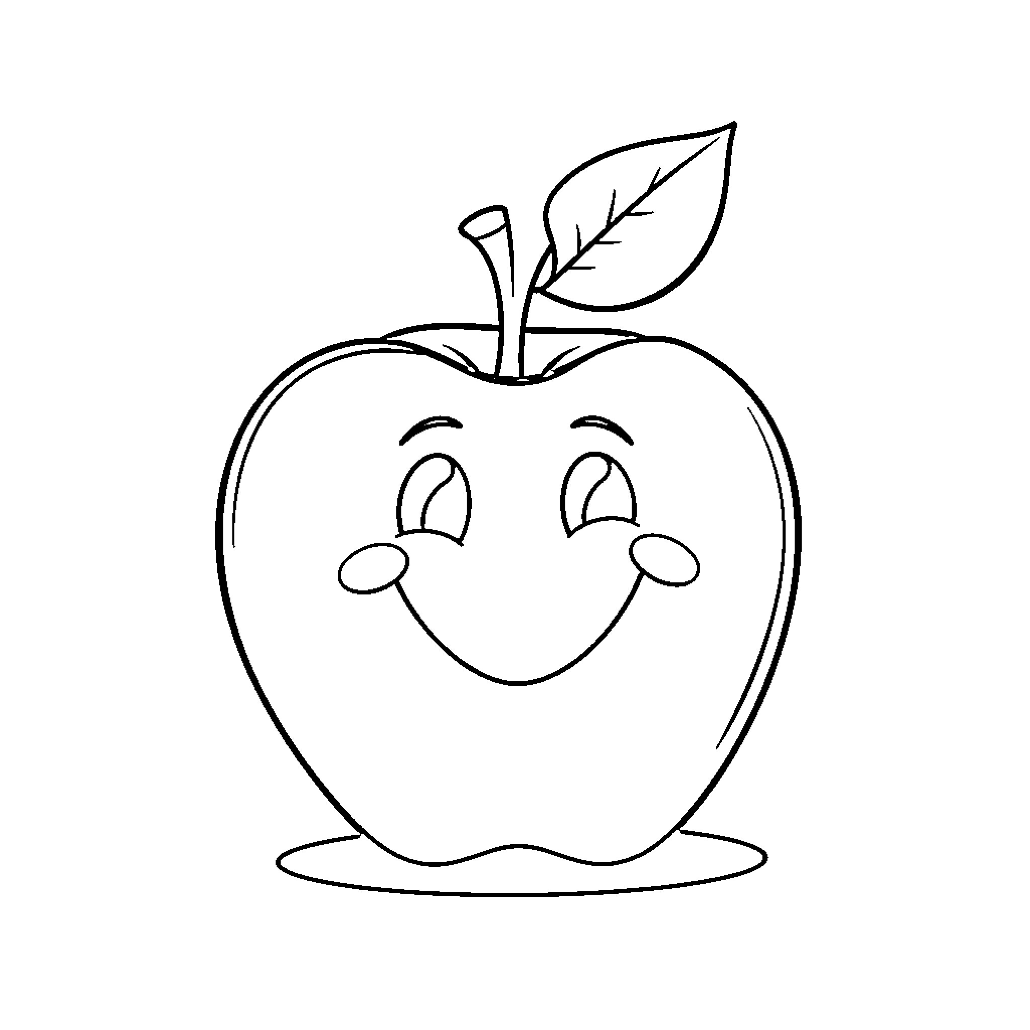 Apple with a Smiling Face Coloring Page (free black-and-white line drawing printable PDF for all, from beginners to advanced learners, including children, teens, adults, and seniors)