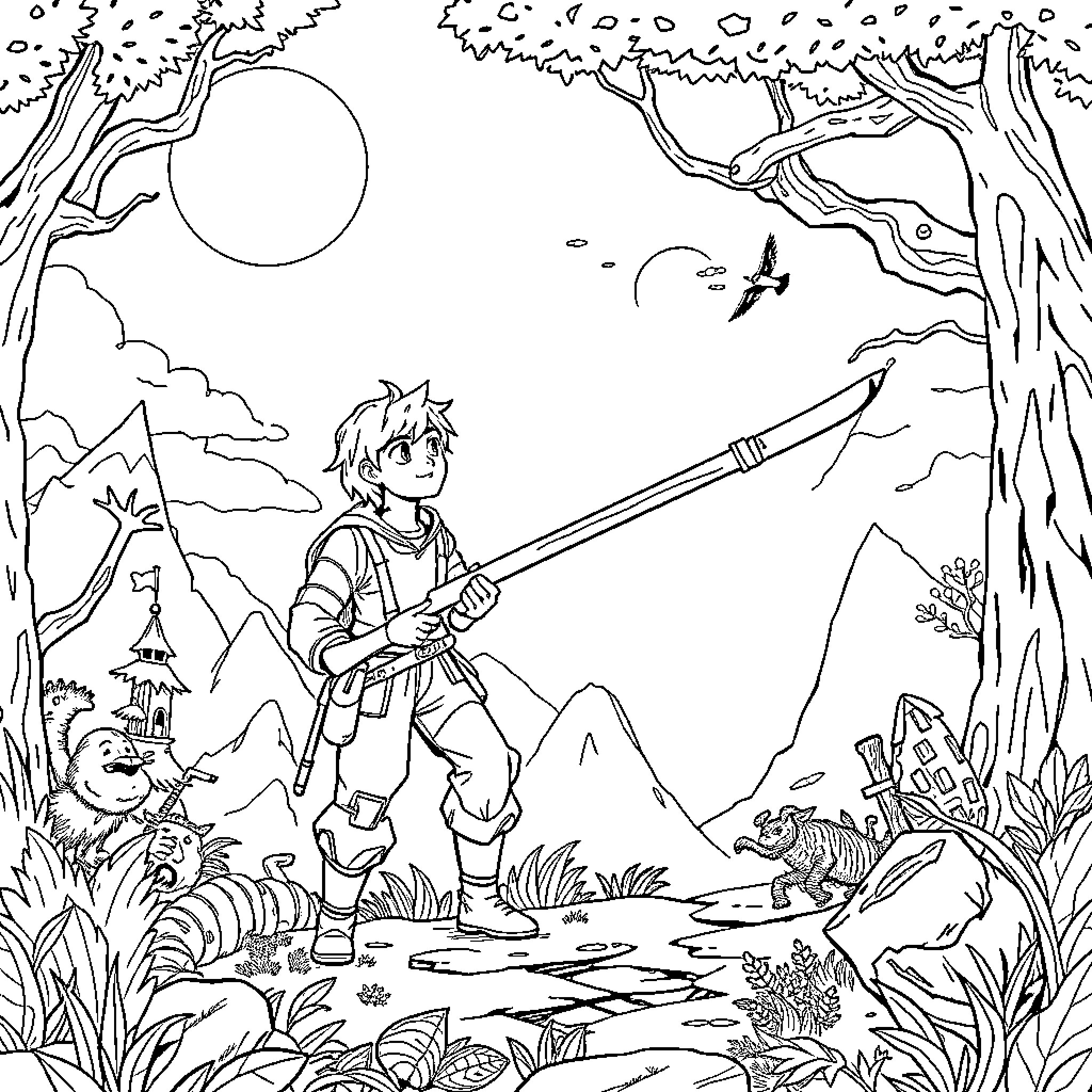 Huntrix in a whimsical adventure through the wilderness Coloring Page (free black-and-white line drawing printable PDF for all, from beginners to advanced learners, including children, teens, adults, and seniors)