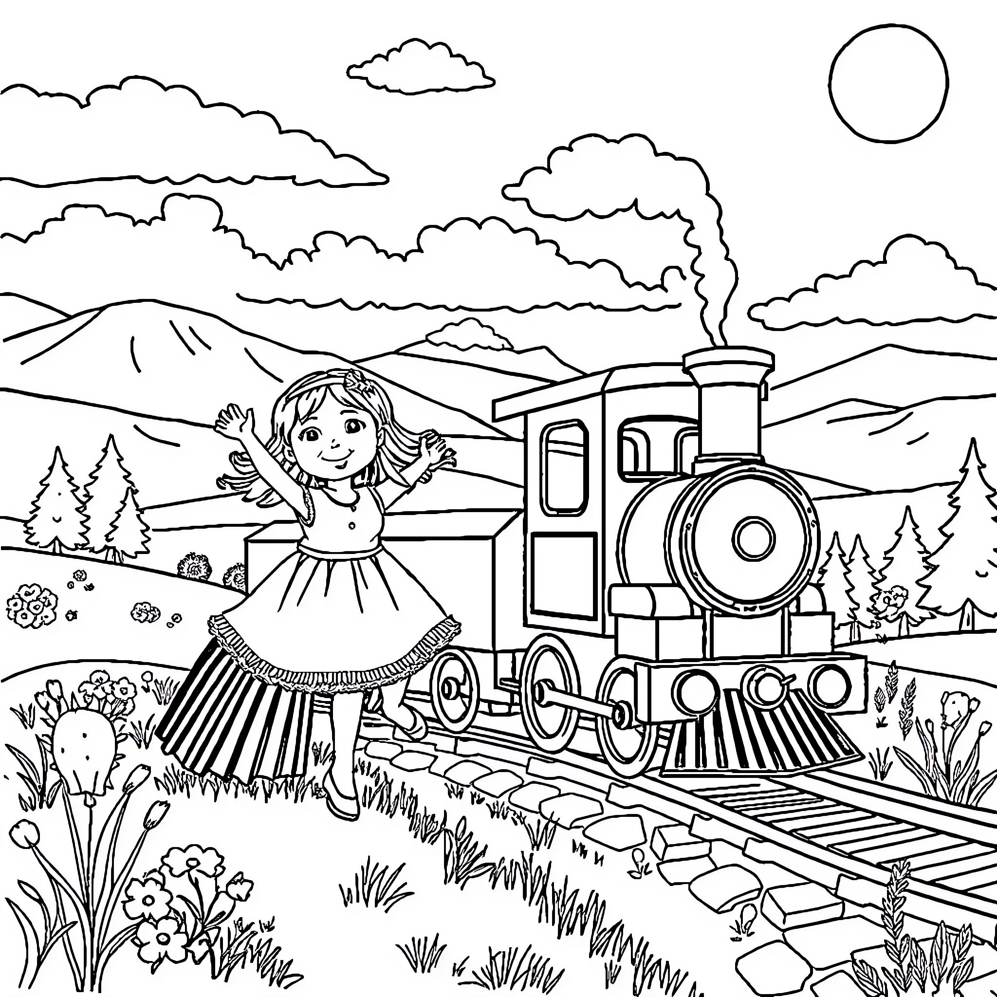 Girl riding on train through countryside landscape Coloring Page (free black-and-white line drawing printable PDF for all, from beginners to advanced learners, including children, teens, adults, and seniors)