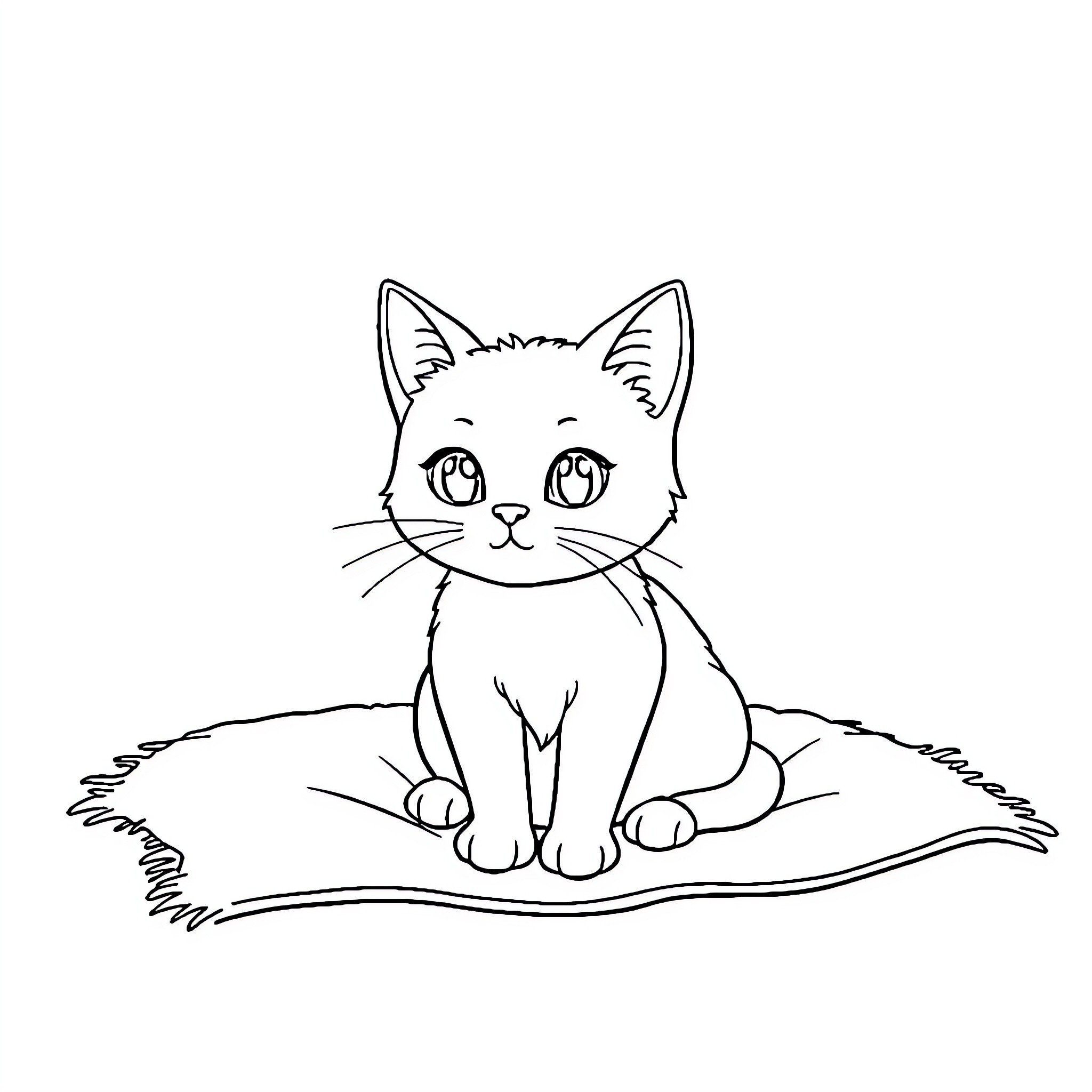 Cat sitting on a furry mat Coloring Page (free black-and-white line drawing printable PDF for all, from beginners to advanced learners, including children, teens, adults, and seniors)