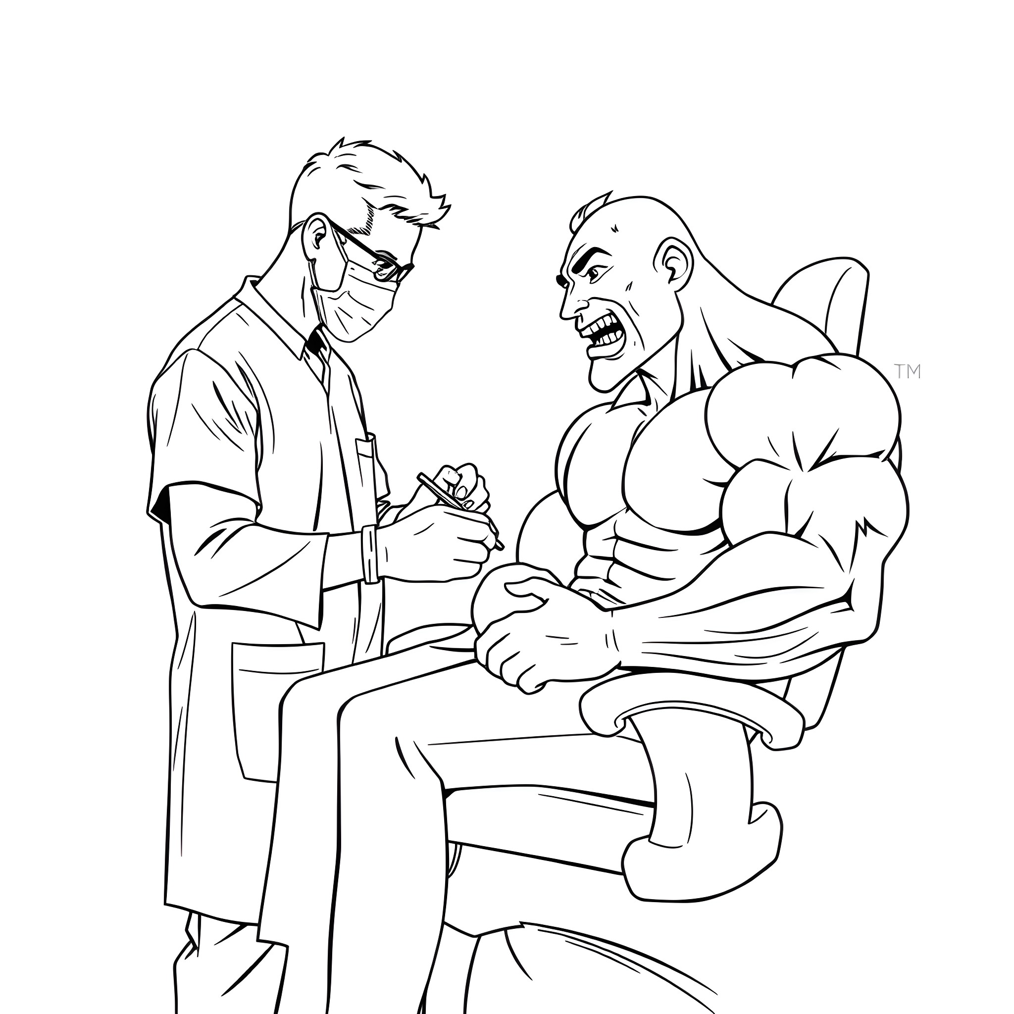 Dental Assistant Examining Patient's Teeth Coloring Page (free black-and-white line drawing printable PDF for all, from beginners to advanced learners, including children, teens, adults, and seniors)