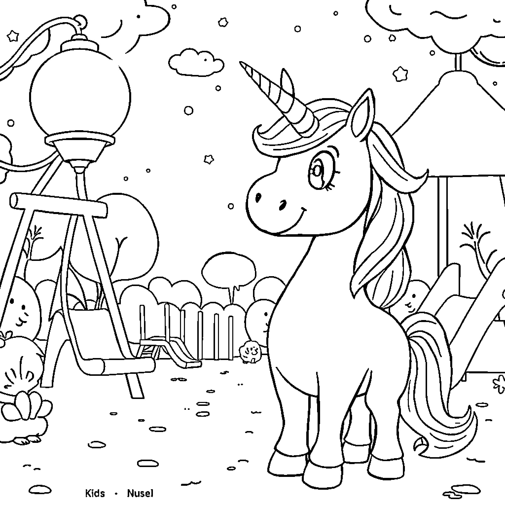 Unicorn enjoying a magical night in the countryside Coloring Page (free black-and-white line drawing printable PDF for all, from beginners to advanced learners, including children, teens, adults, and seniors)