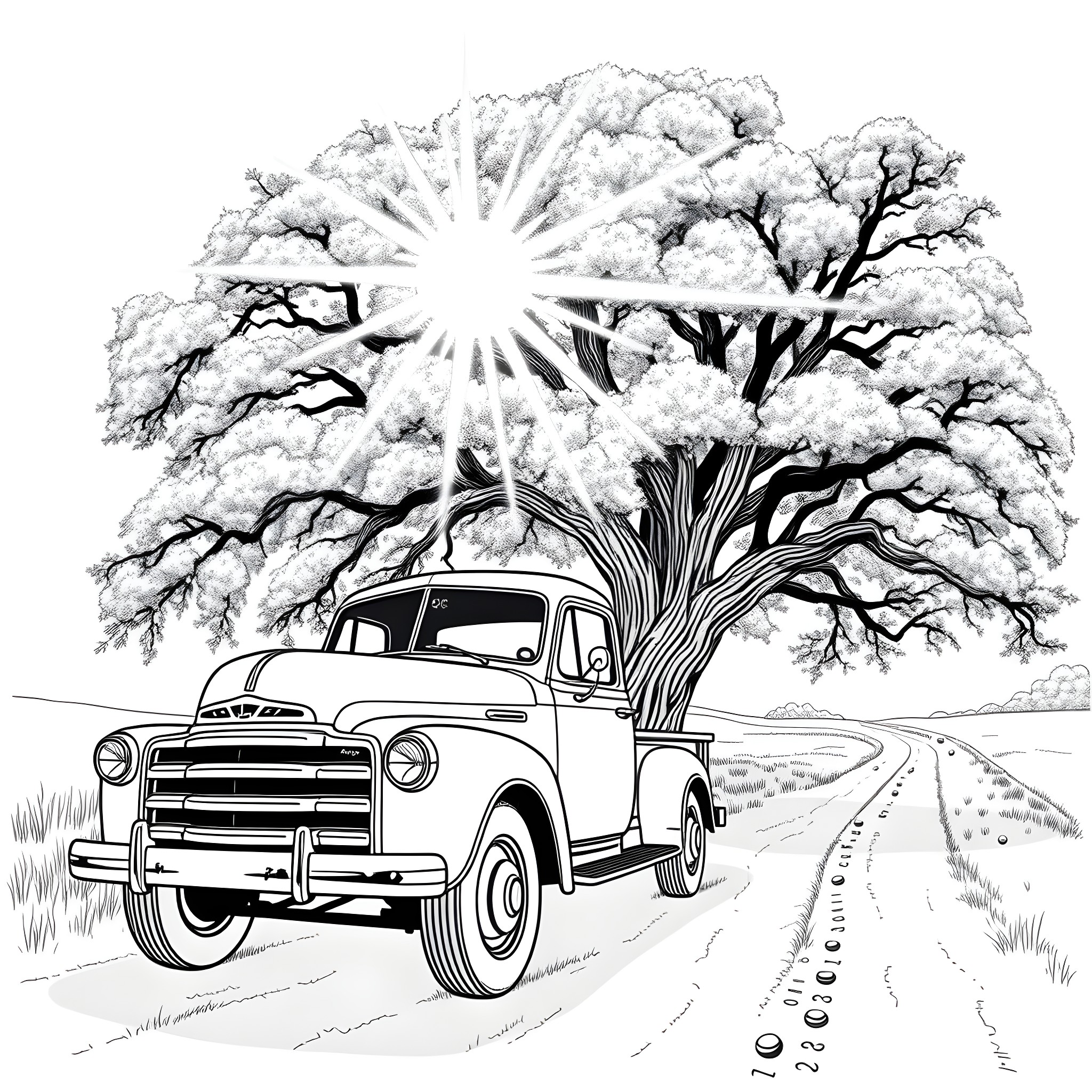 Truck driving on snowy country road under tree Coloring Page (free black-and-white line drawing printable PDF for all, from beginners to advanced learners, including children, teens, adults, and seniors)
