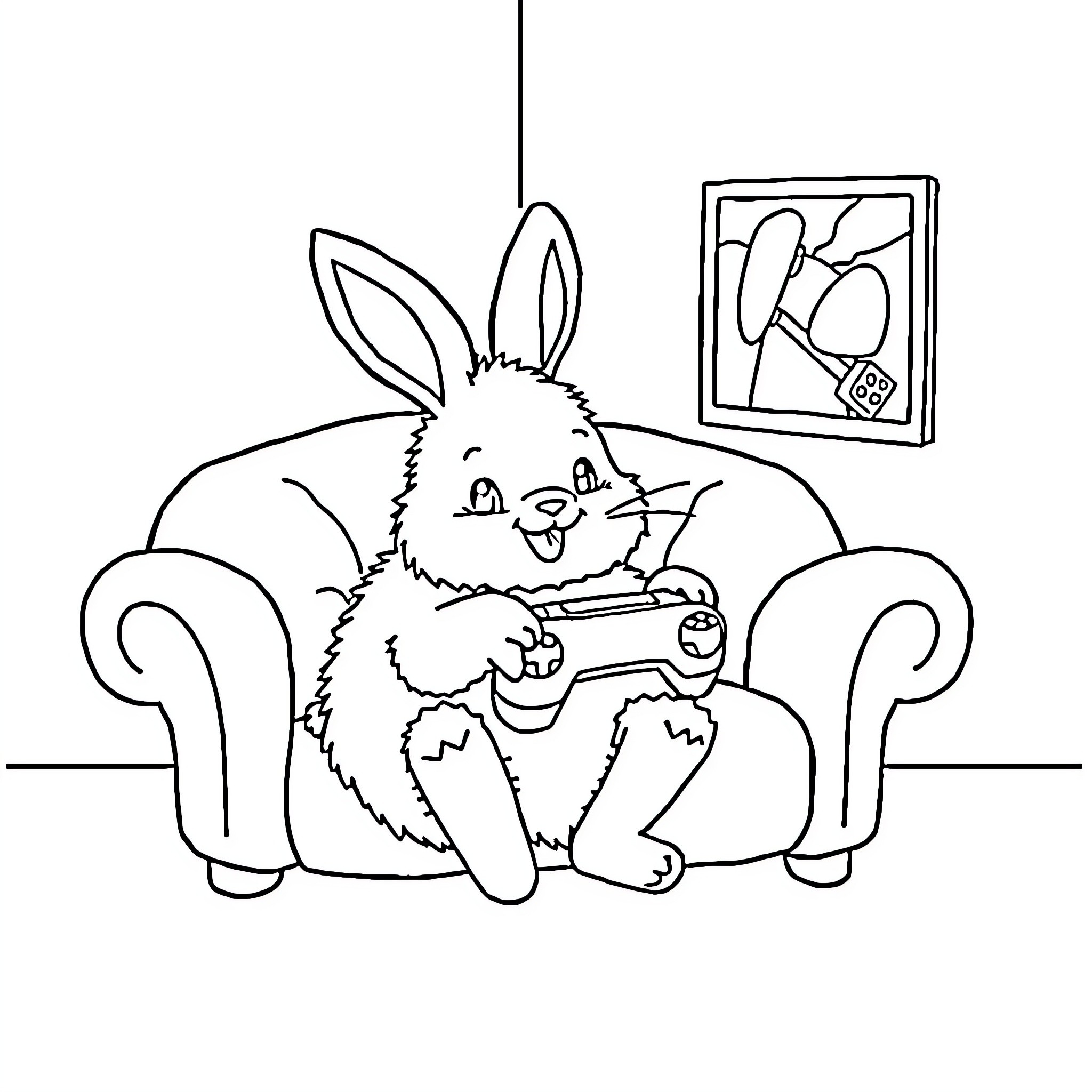 Rabbit relaxing while playing a video game Coloring Page (free black-and-white line drawing printable PDF for all, from beginners to advanced learners, including children, teens, adults, and seniors)