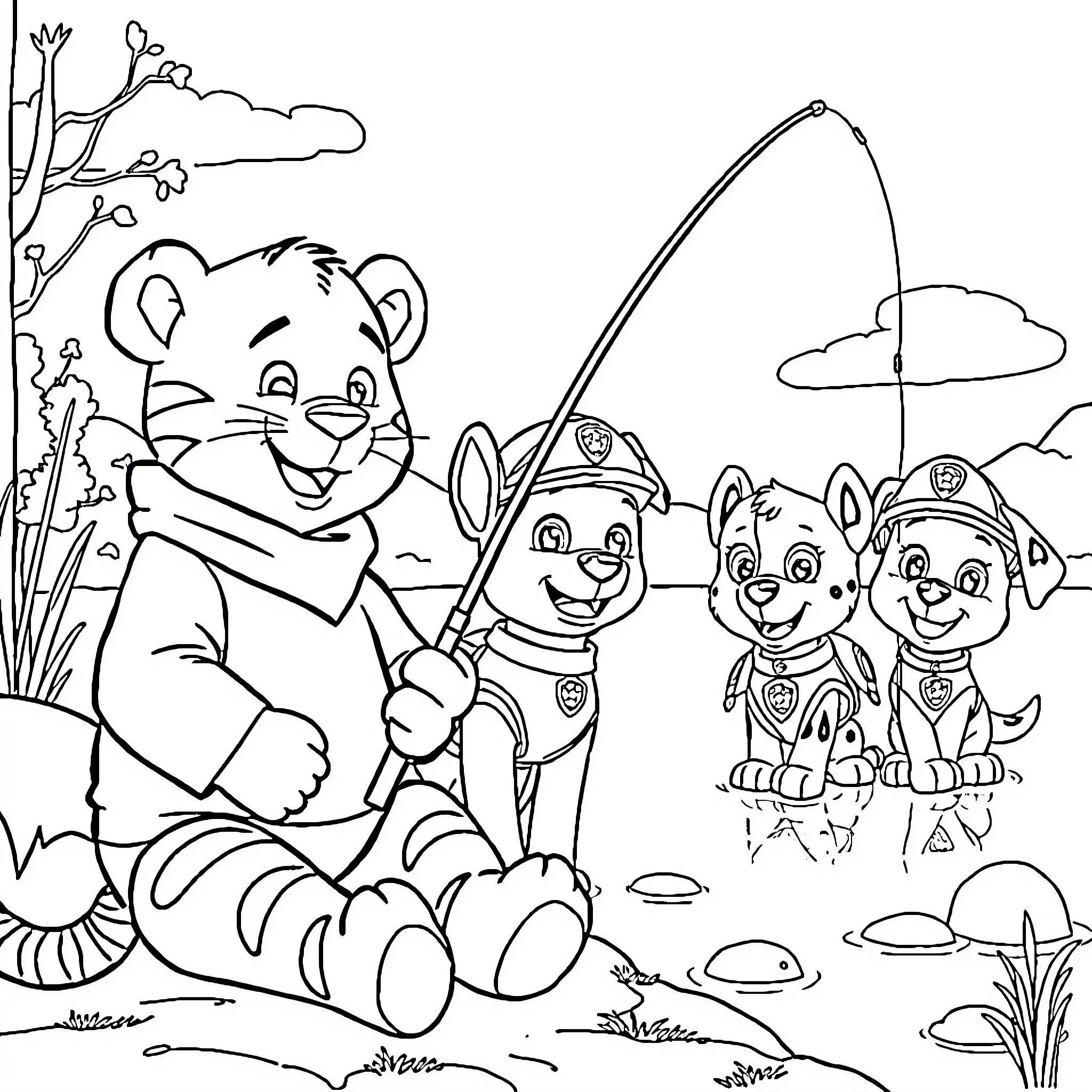 Daniel Tiger and Paw Patrol Friends Outdoor Adventure Coloring Page (free black-and-white line drawing printable PDF for all, from beginners to advanced learners, including children, teens, adults, and seniors)