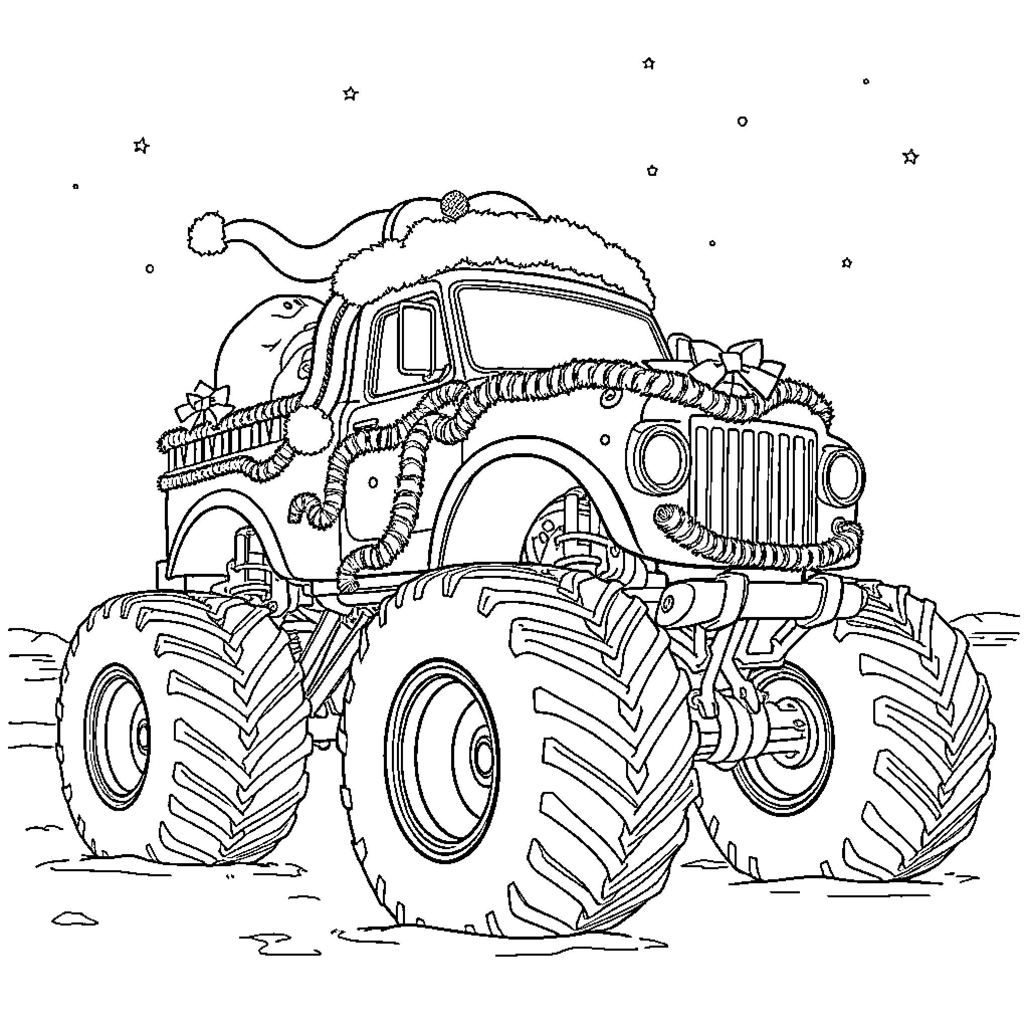Santa's Festive Monster Truck Adventure Coloring Page (free black-and-white line drawing printable PDF for all, from beginners to advanced learners, including children, teens, adults, and seniors)