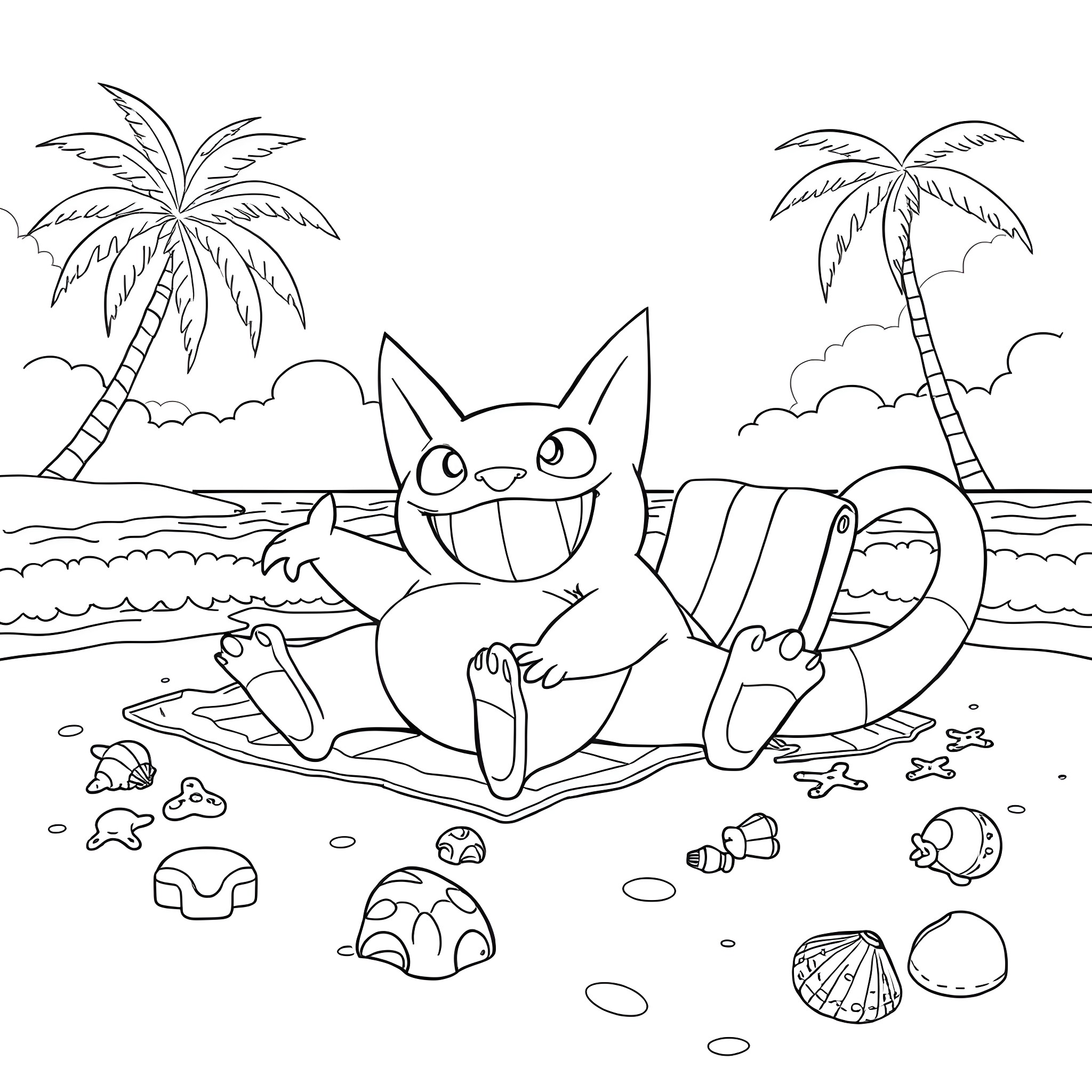 Gengar relaxing on the beach Coloring Page (free black-and-white line drawing printable PDF for all, from beginners to advanced learners, including children, teens, adults, and seniors)