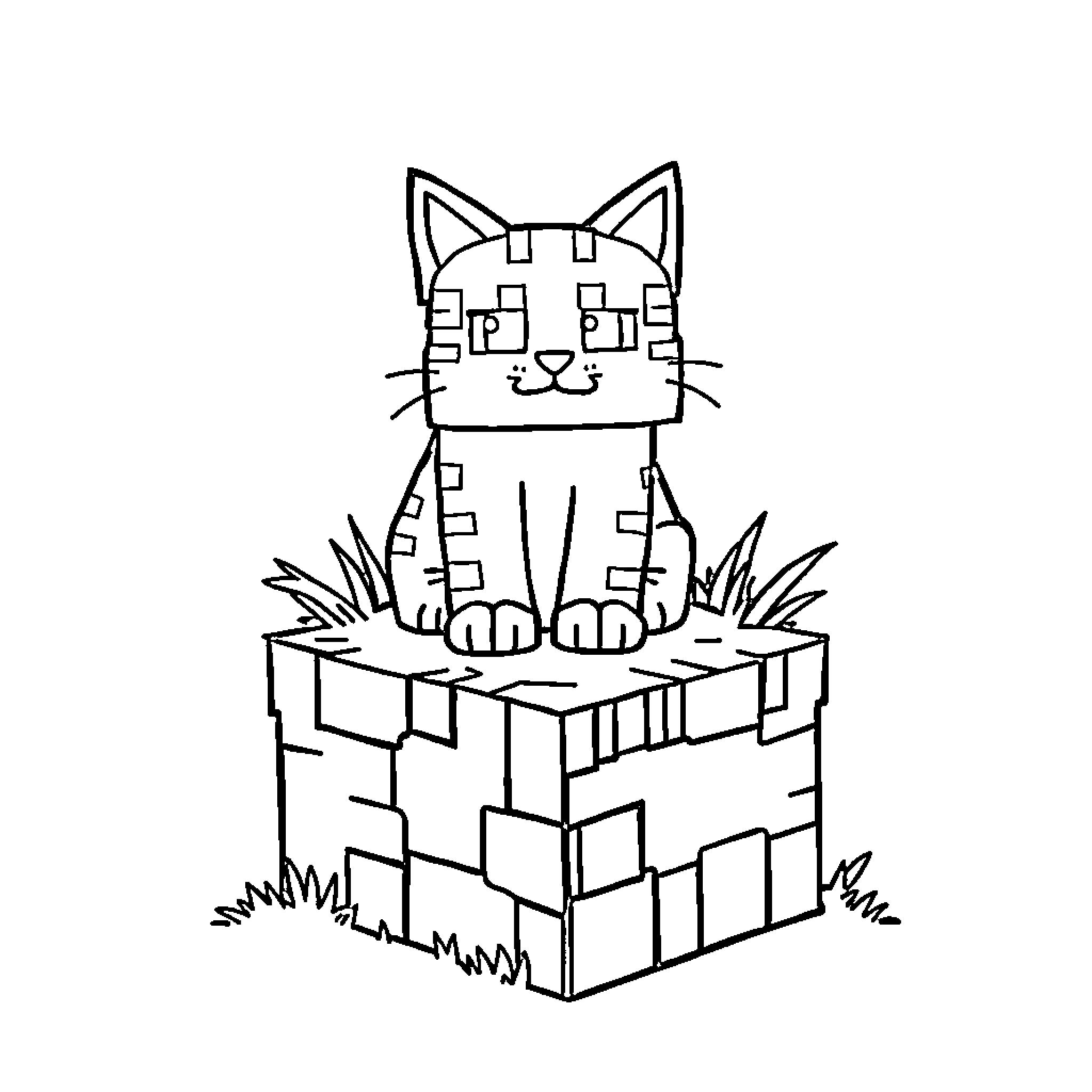 Cat sitting on top of crate in field Coloring Page (free black-and-white line drawing printable PDF for all, from beginners to advanced learners, including children, teens, adults, and seniors)