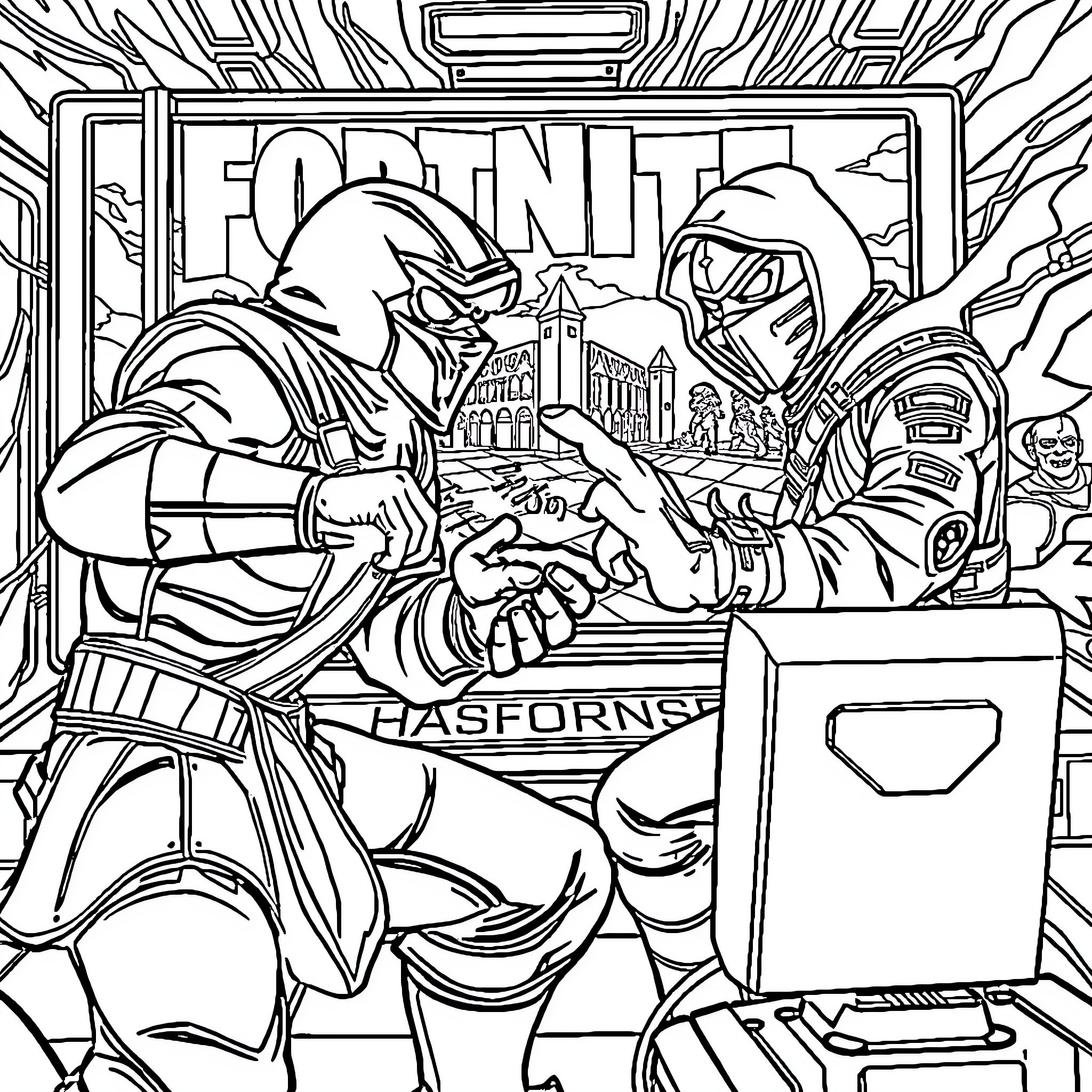 Mortal Kombat: Intense Battle Between Armored Figures Coloring Page (free black-and-white line drawing printable PDF for all, from beginners to advanced learners, including children, teens, adults, and seniors)