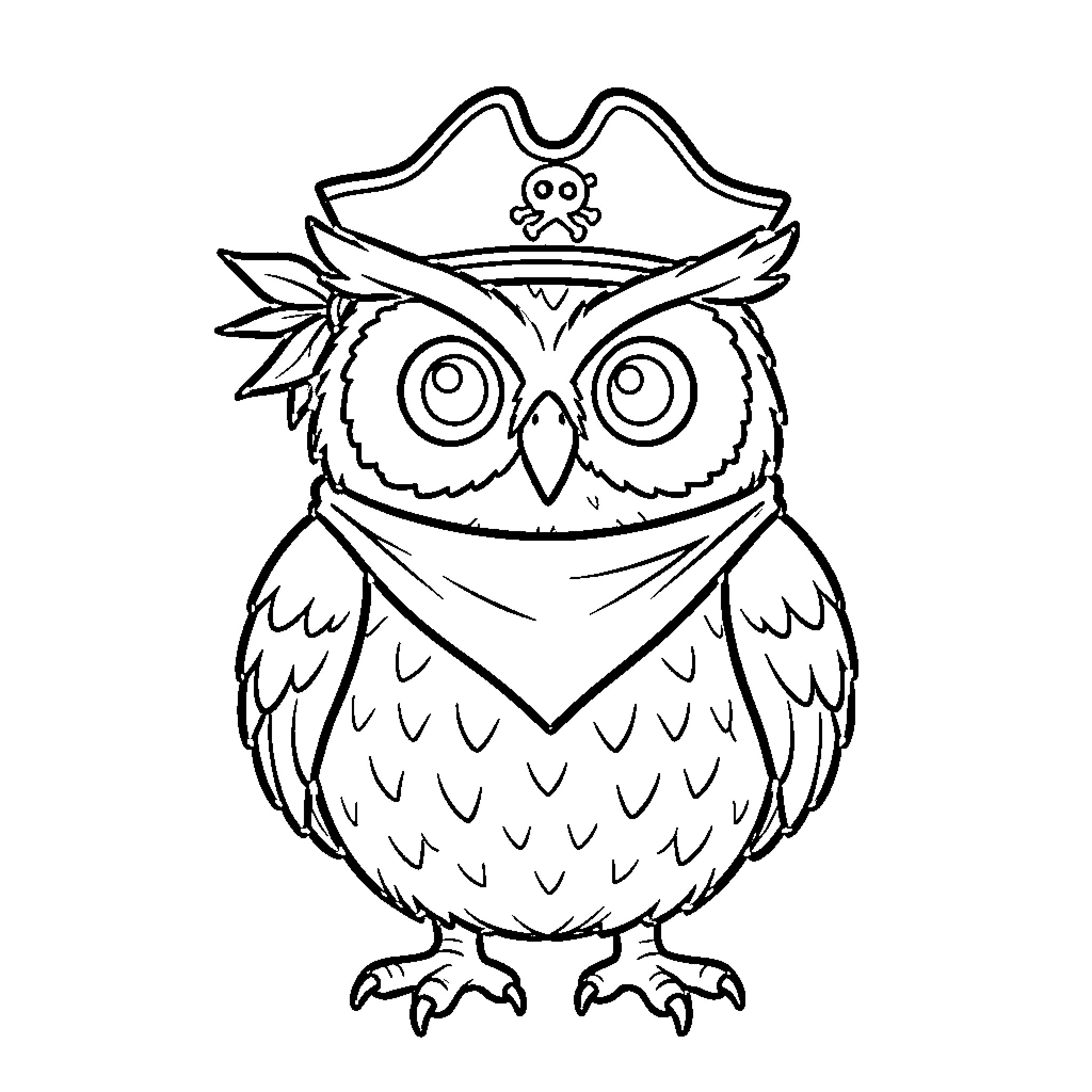 Owl pirate with a bandana and skull symbol Coloring Page (free black-and-white line drawing printable PDF for all, from beginners to advanced learners, including children, teens, adults, and seniors)
