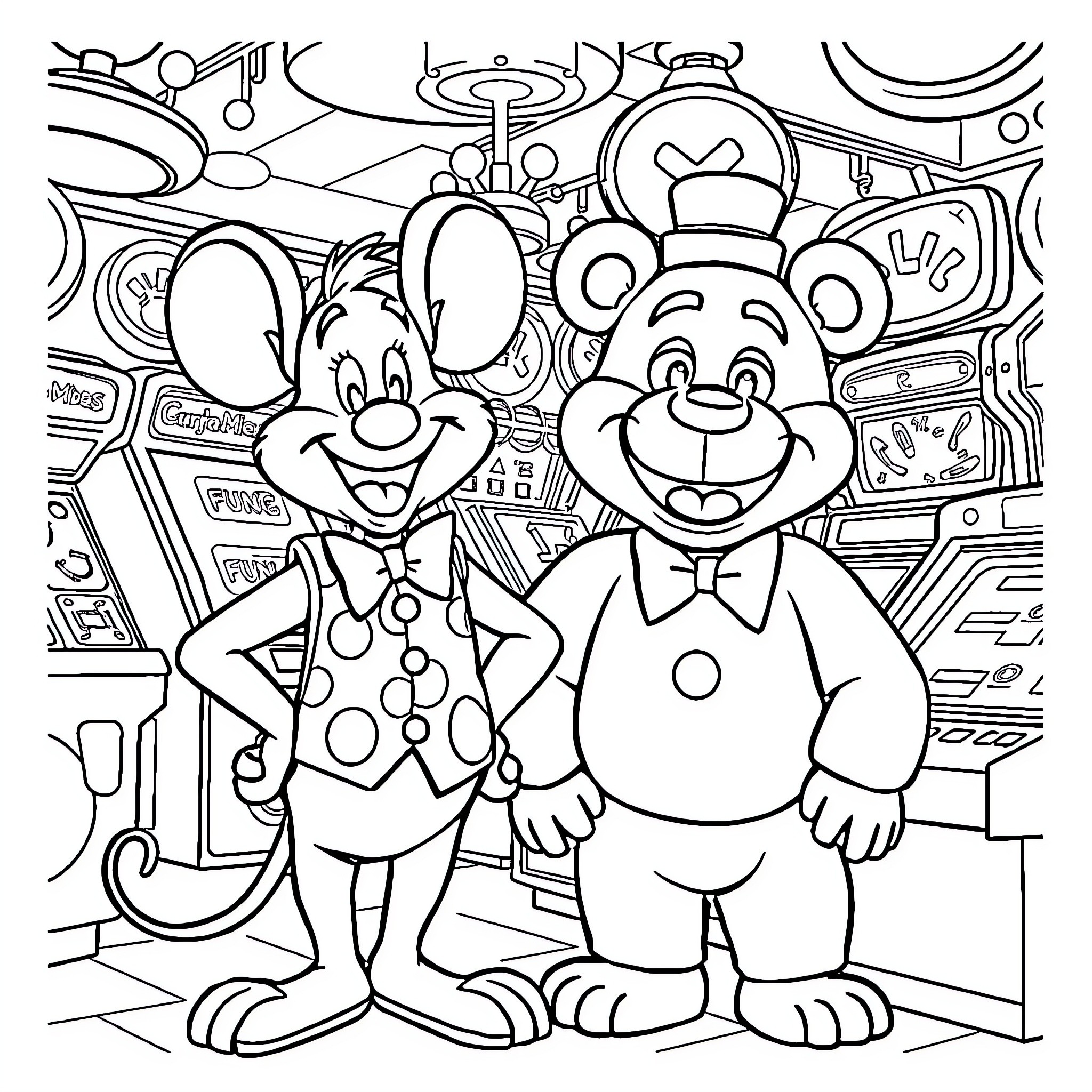 Chuck E. Cheese characters in a fun and lively arcade setting Coloring Page (free black-and-white line drawing printable PDF for all, from beginners to advanced learners, including children, teens, adults, and seniors)