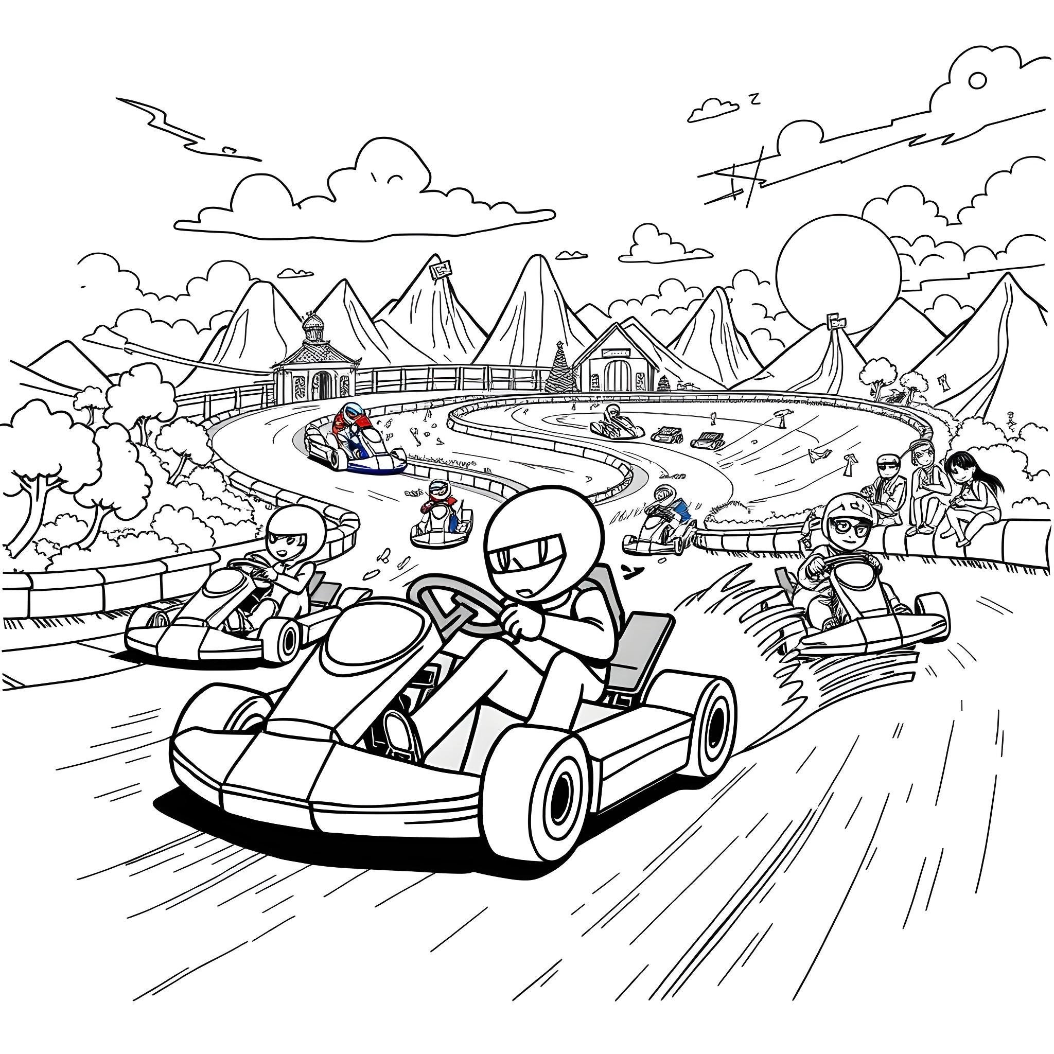 Morio Cart Racing Tournament in the Scenic Mountains Coloring Page (free black-and-white line drawing printable PDF for all, from beginners to advanced learners, including children, teens, adults, and seniors)