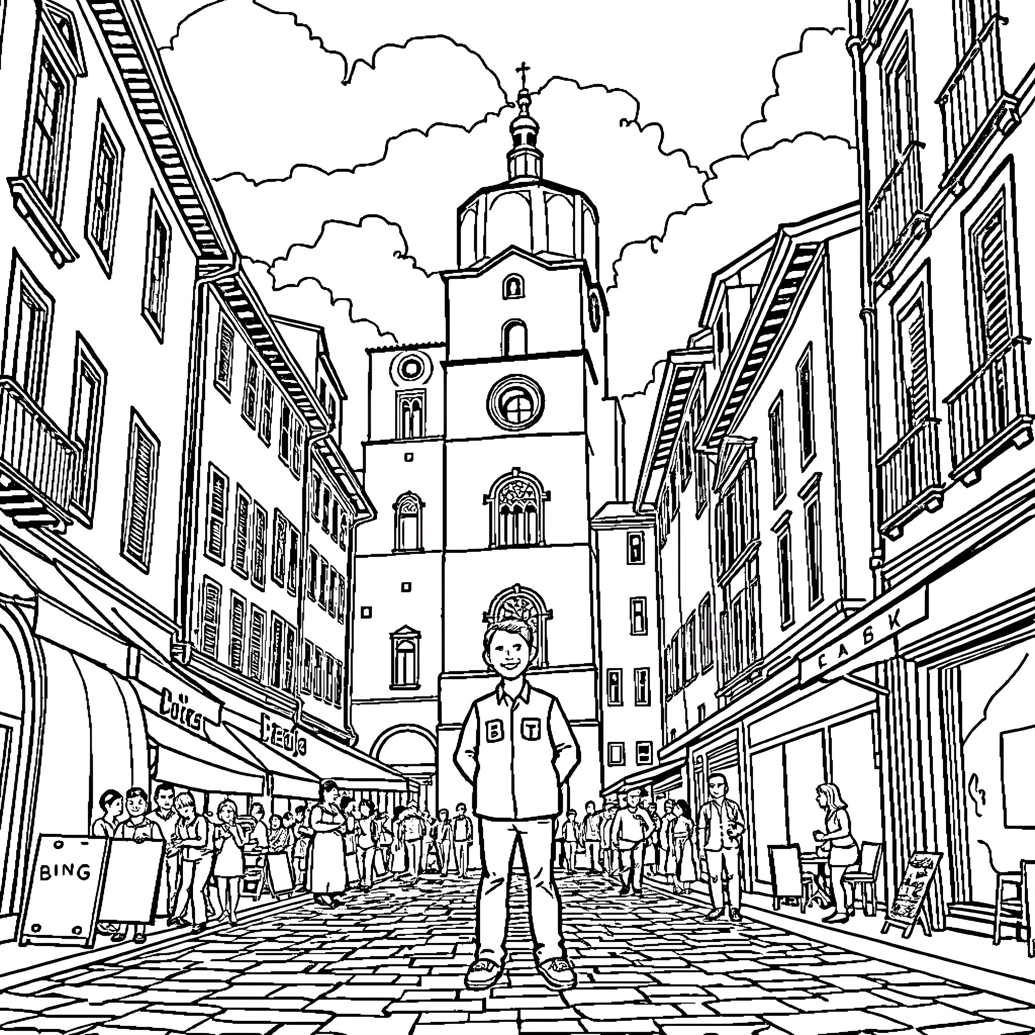 Bing Cityscape with People and Historic Building Coloring Page (free black-and-white line drawing printable PDF for all, from beginners to advanced learners, including children, teens, adults, and seniors)
