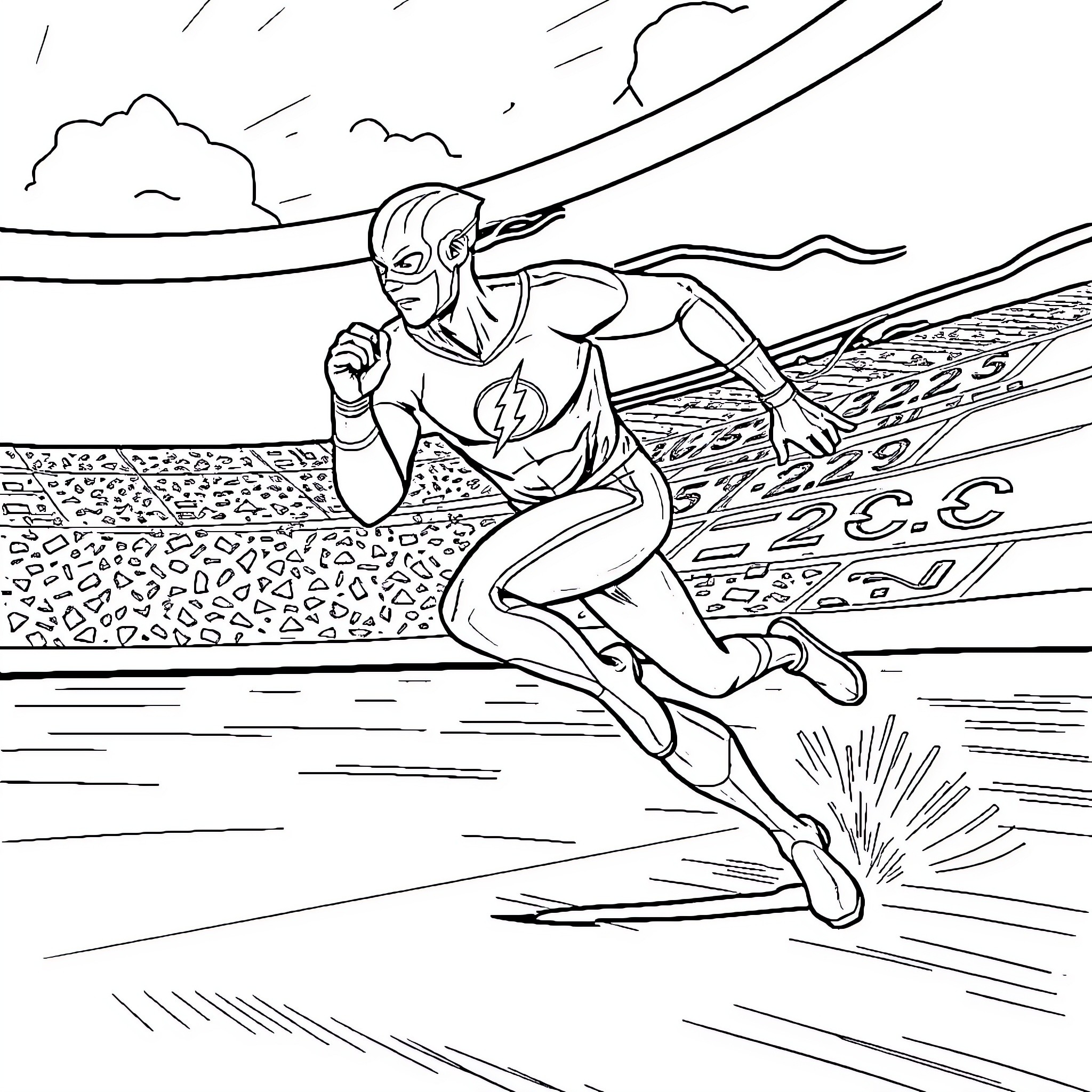 Flash racing through the thunderstorm Coloring Page (free black-and-white line drawing printable PDF for all, from beginners to advanced learners, including children, teens, adults, and seniors)