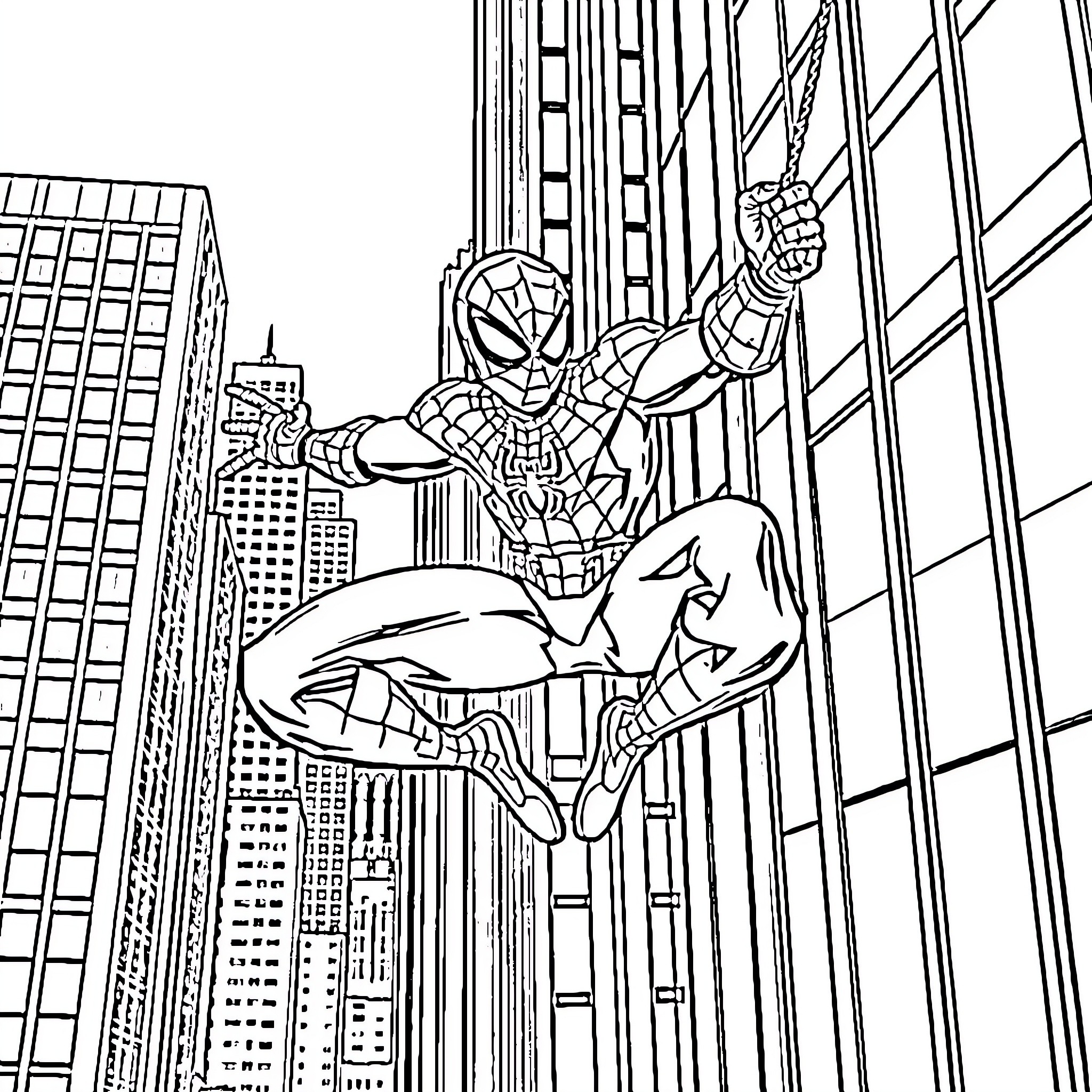 Spiderman swinging through the city skyline Coloring Page (free black-and-white line drawing printable PDF for all, from beginners to advanced learners, including children, teens, adults, and seniors)