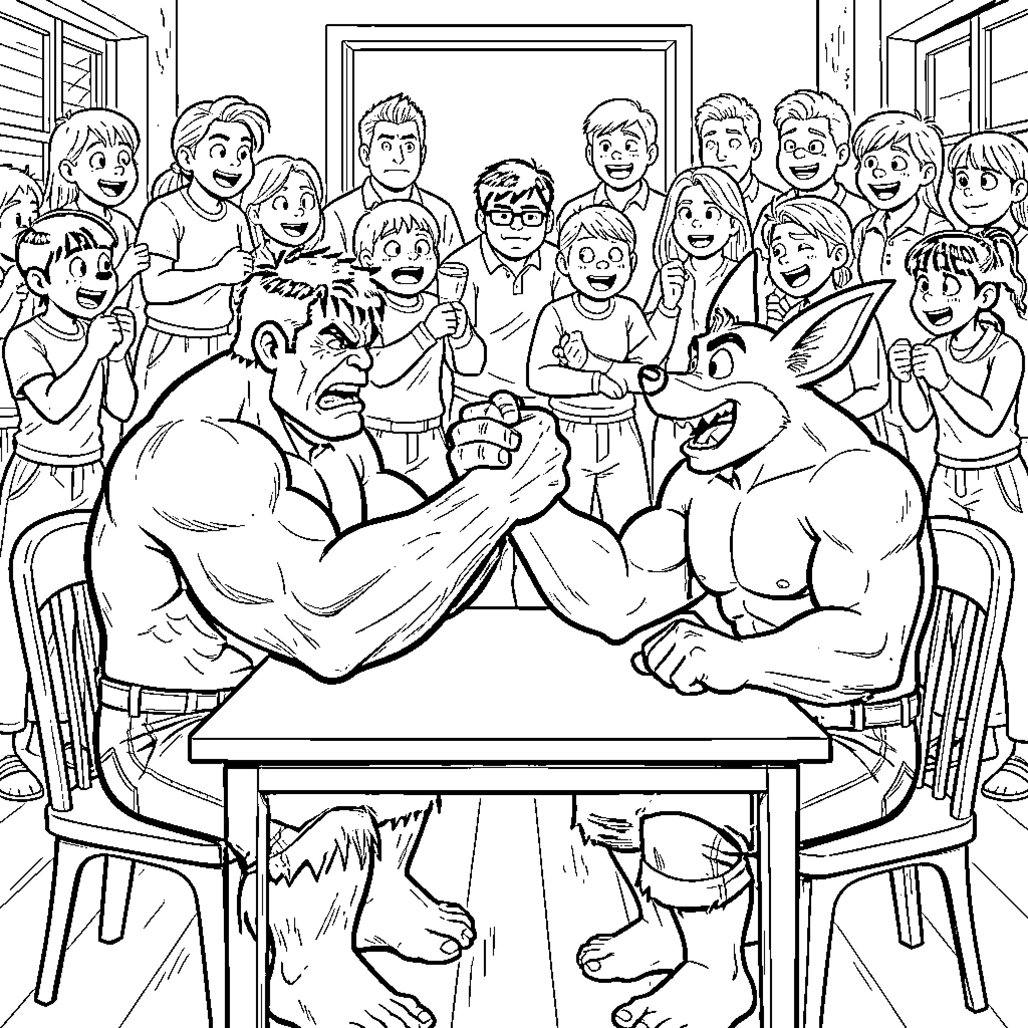 Hulk arm wrestling a wolf character at a table Coloring Page (free black-and-white line drawing printable PDF for all, from beginners to advanced learners, including children, teens, adults, and seniors)