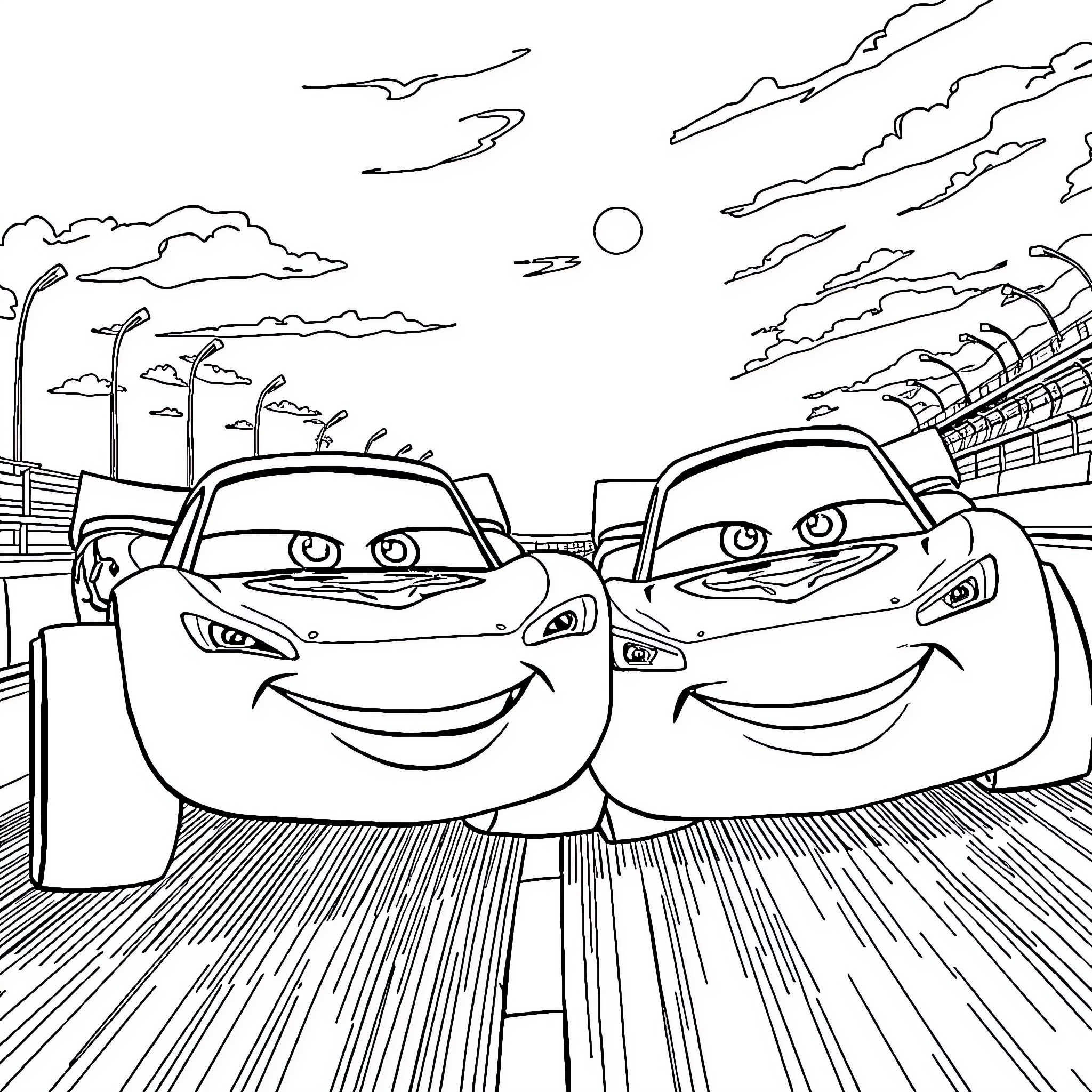 Rayo McQueen driving with friends on the racetrack Coloring Page (free black-and-white line drawing printable PDF for all, from beginners to advanced learners, including children, teens, adults, and seniors)