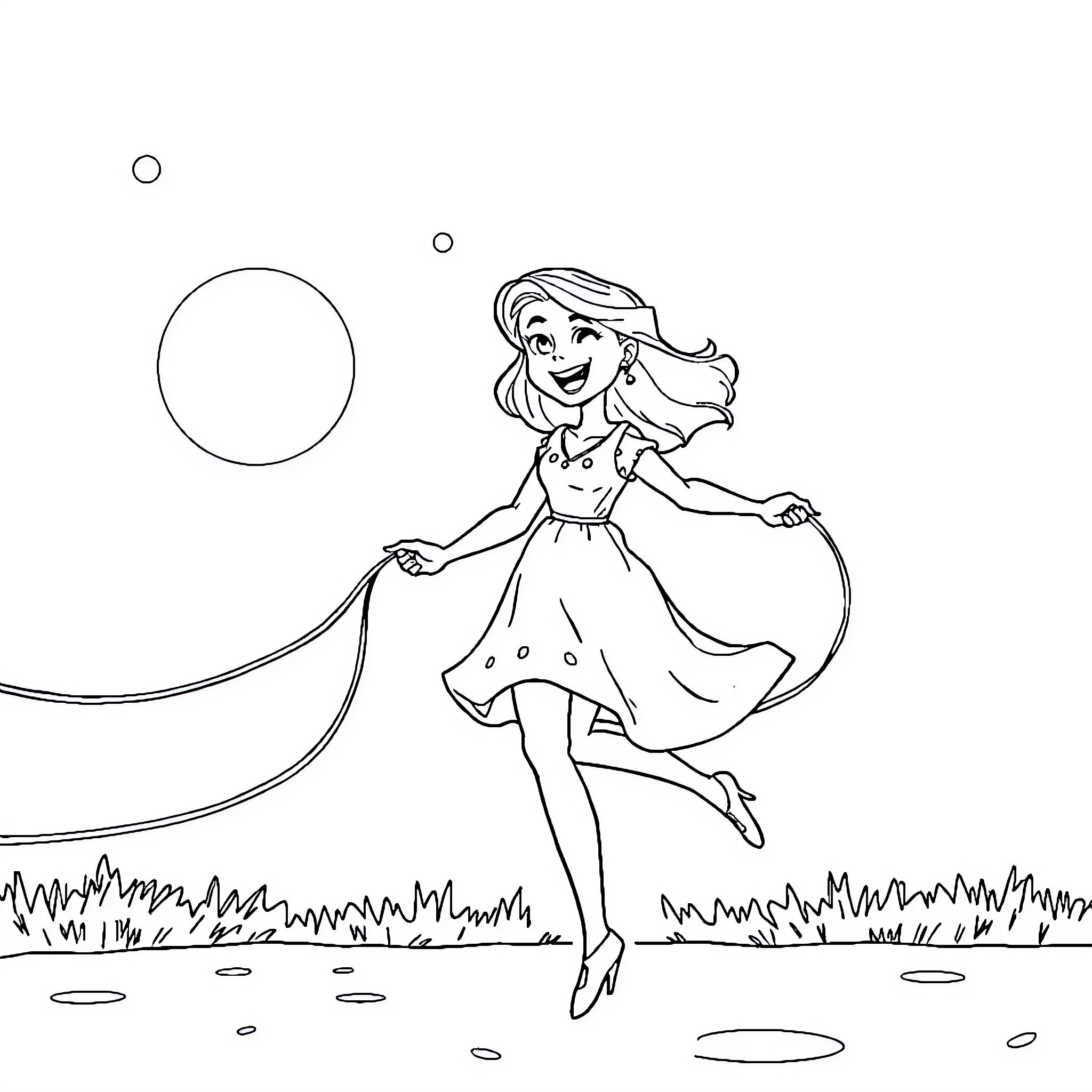 Snow White enjoying a joyful day outdoors Coloring Page (free black-and-white line drawing printable PDF for all, from beginners to advanced learners, including children, teens, adults, and seniors)