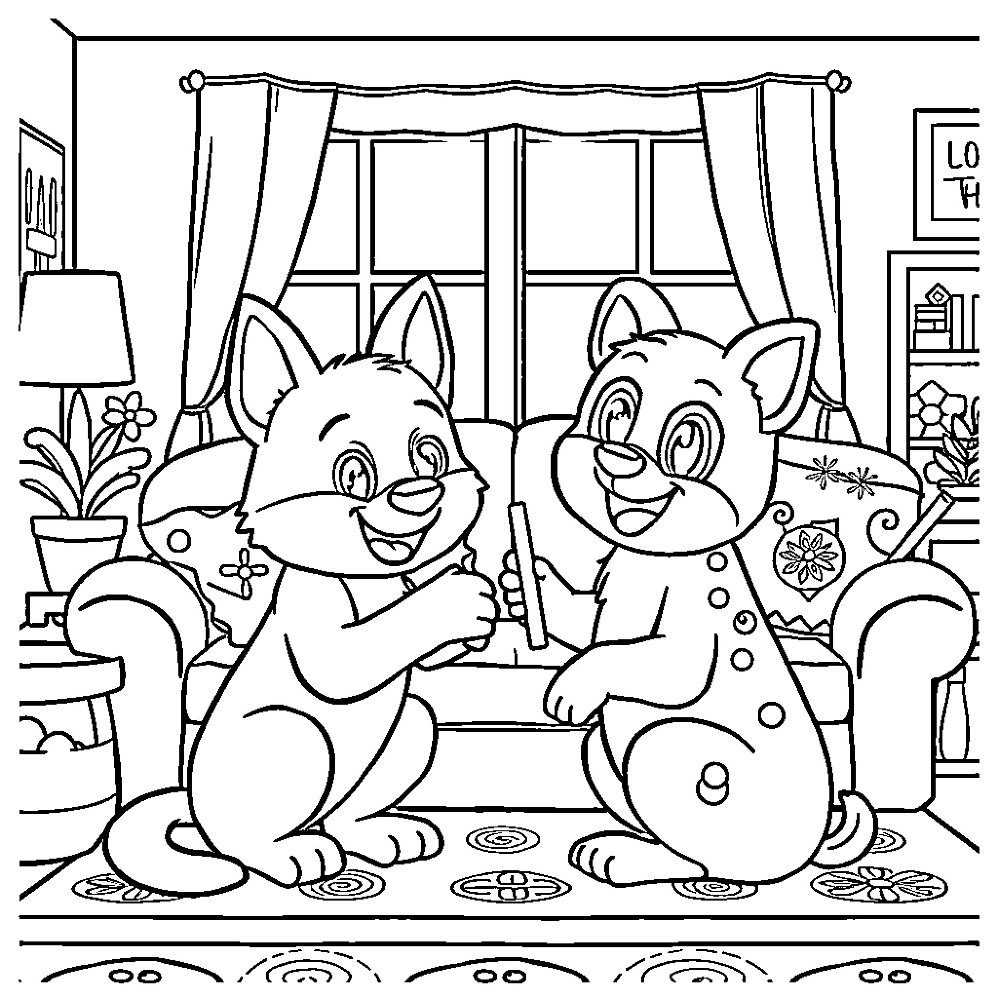 Bluey and Bingo playing happily in their living room Coloring Page (free black-and-white line drawing printable PDF for all, from beginners to advanced learners, including children, teens, adults, and seniors)