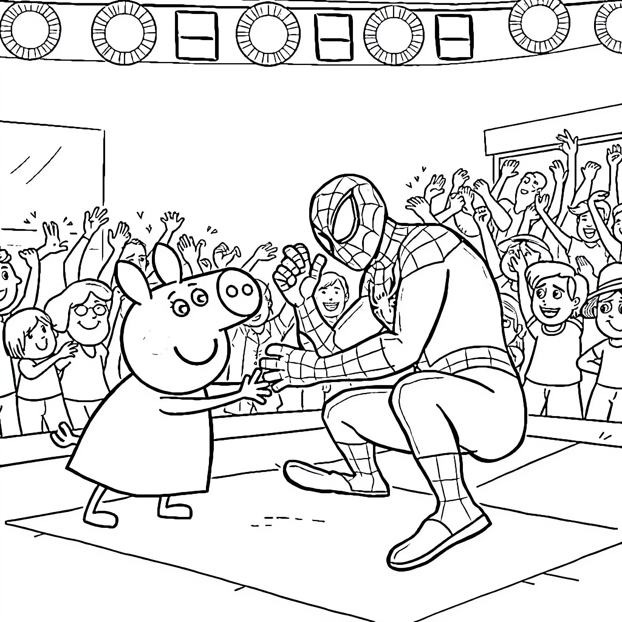 Peppa Pig celebrating with friends at a party Coloring Page (free black-and-white line drawing printable PDF for all, from beginners to advanced learners, including children, teens, adults, and seniors)