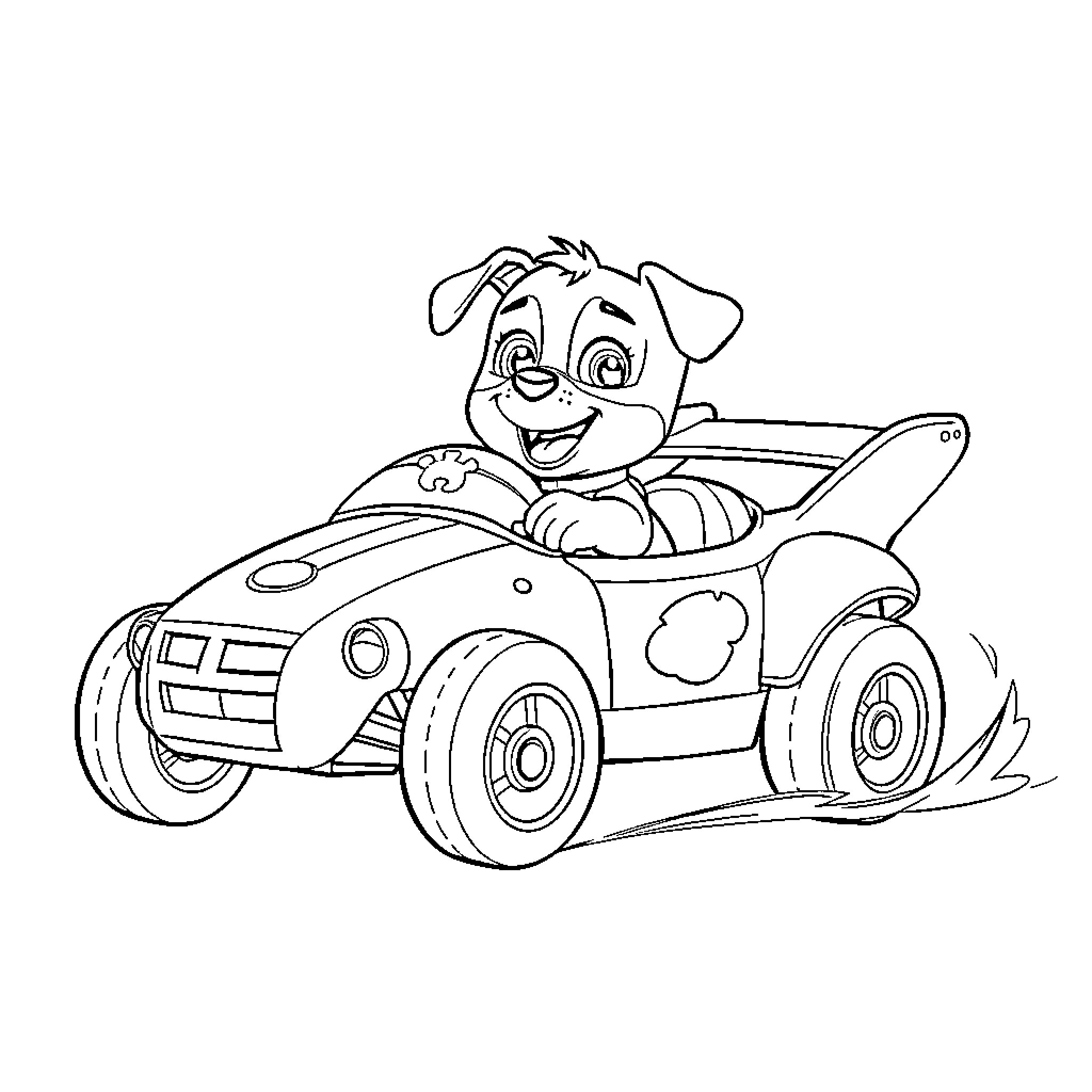 Rubble driving a toy car happily Coloring Page (free black-and-white line drawing printable PDF for all, from beginners to advanced learners, including children, teens, adults, and seniors)