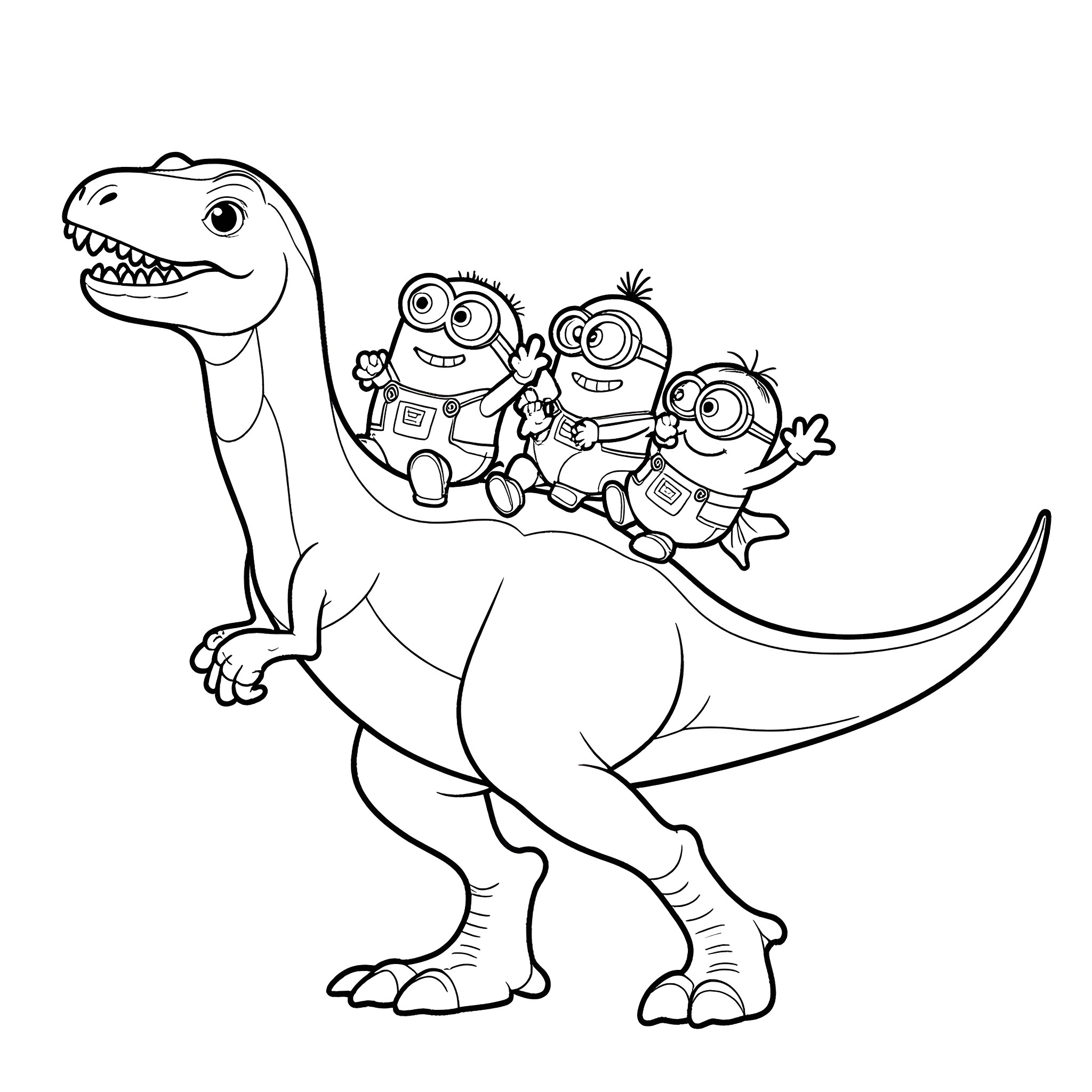 Minions riding on a friendly dinosaur Coloring Page (free black-and-white line drawing printable PDF for all, from beginners to advanced learners, including children, teens, adults, and seniors)