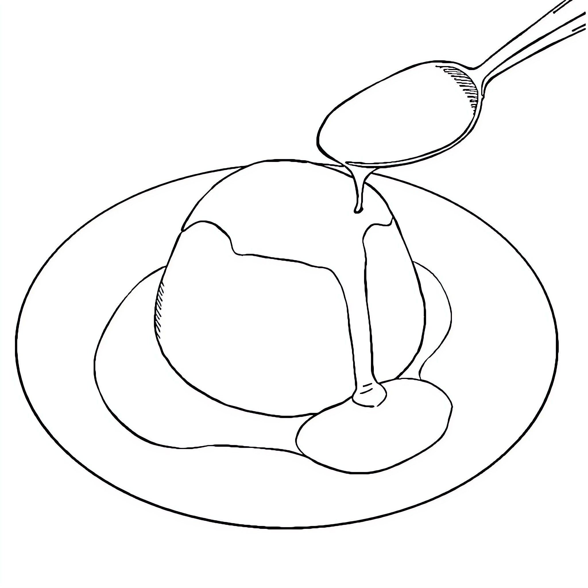 Pudding being served with a spoon Coloring Page (free black-and-white line drawing printable PDF for all, from beginners to advanced learners, including children, teens, adults, and seniors)