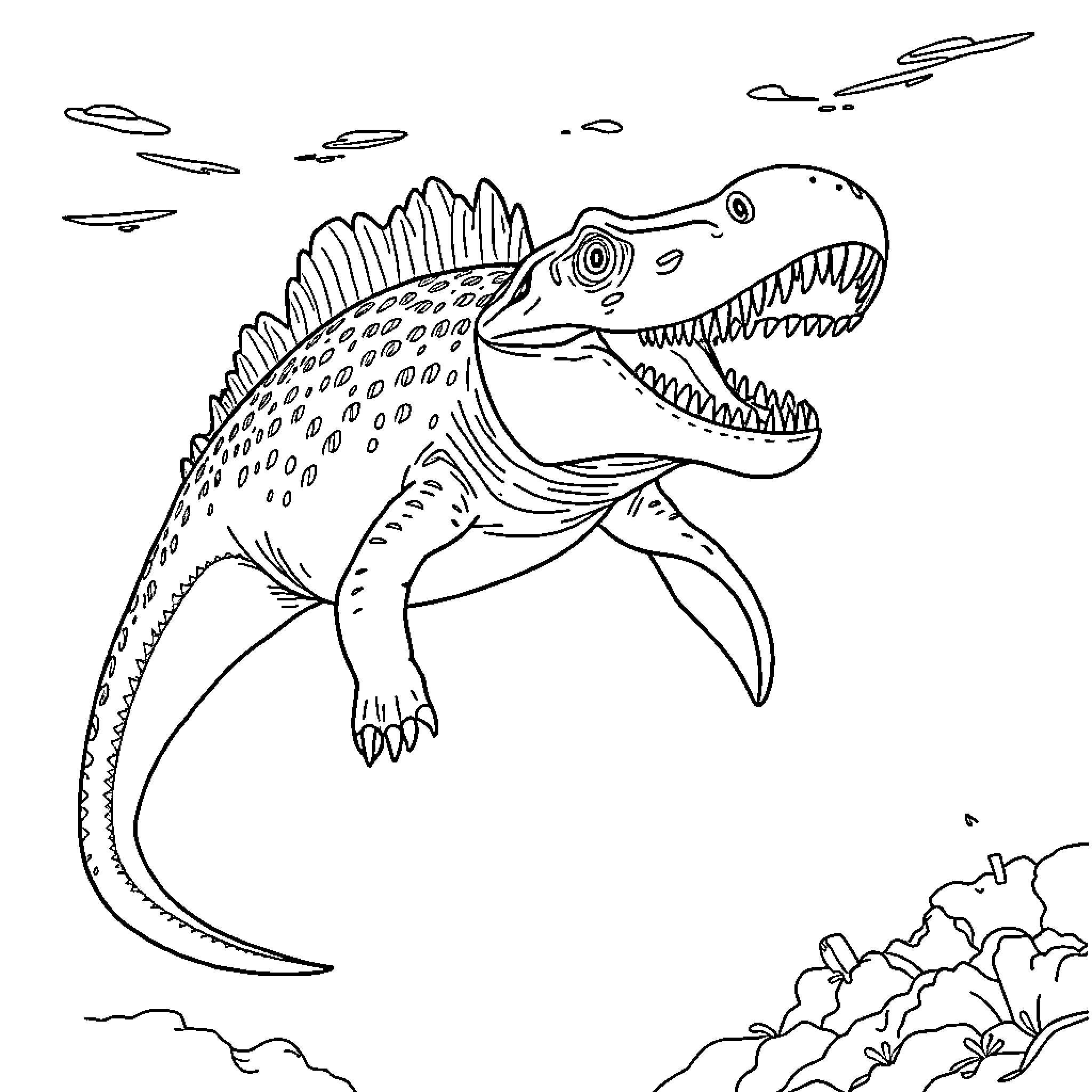 Mosasaure hunting for prey in the ancient waters Coloring Page (free black-and-white line drawing printable PDF for all, from beginners to advanced learners, including children, teens, adults, and seniors)