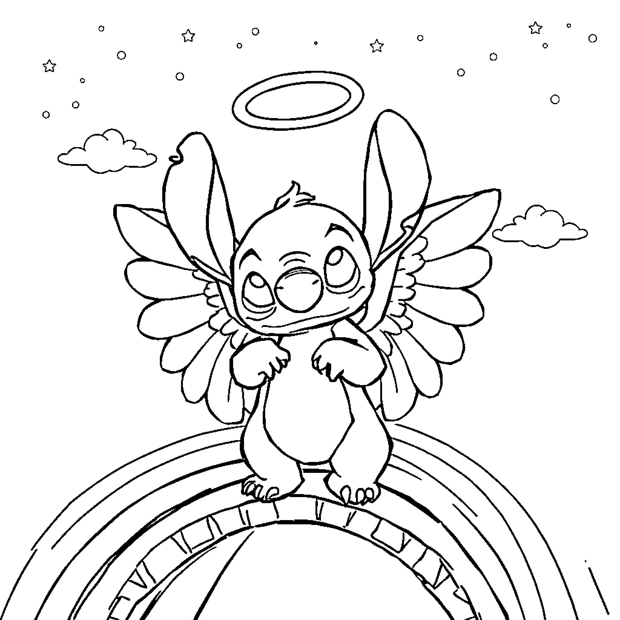 Angel Stitch sitting on a rainbow with clouds Coloring Page (free black-and-white line drawing printable PDF for all, from beginners to advanced learners, including children, teens, adults, and seniors)