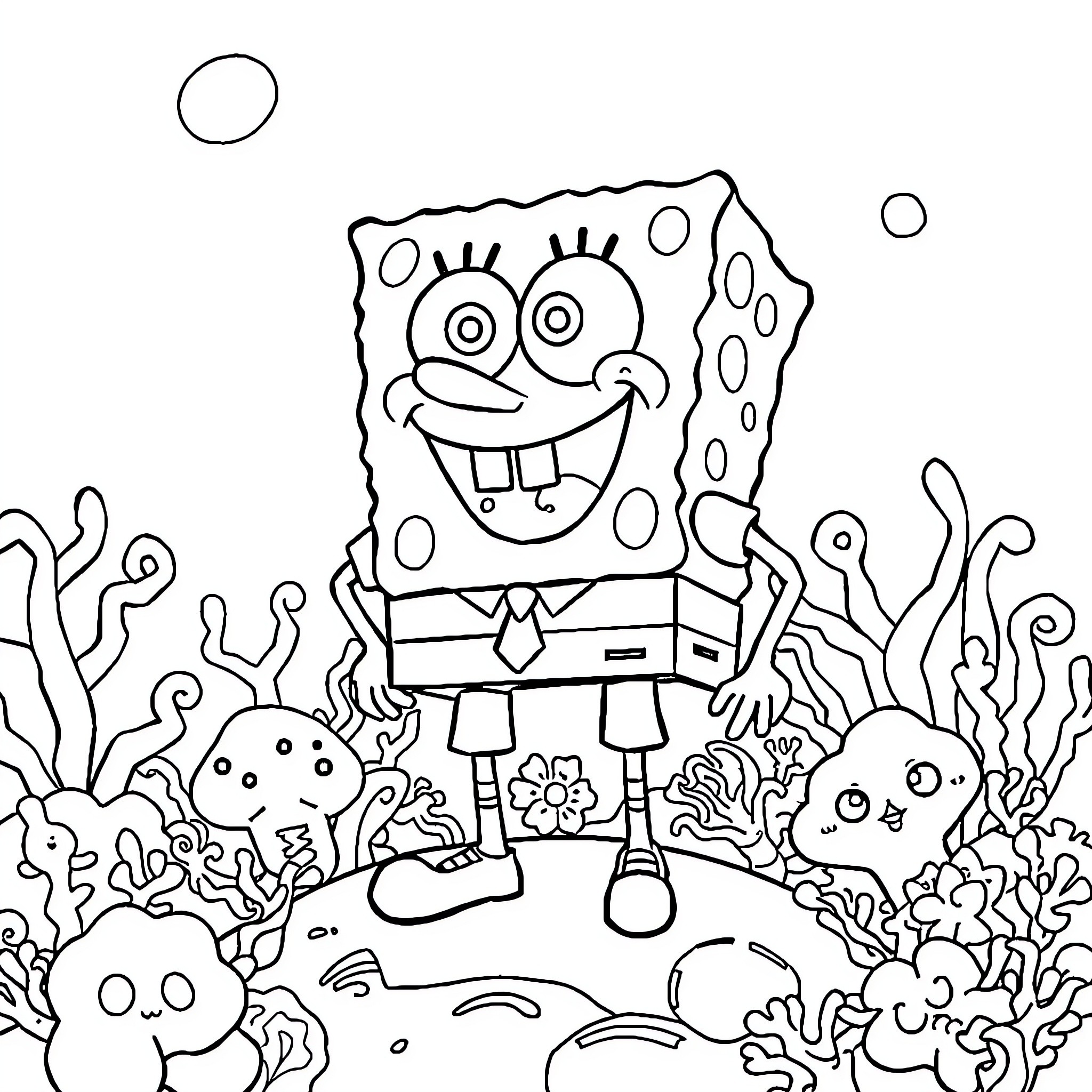 Spongebob enjoying the underwater scenery Coloring Page (free black-and-white line drawing printable PDF for all, from beginners to advanced learners, including children, teens, adults, and seniors)