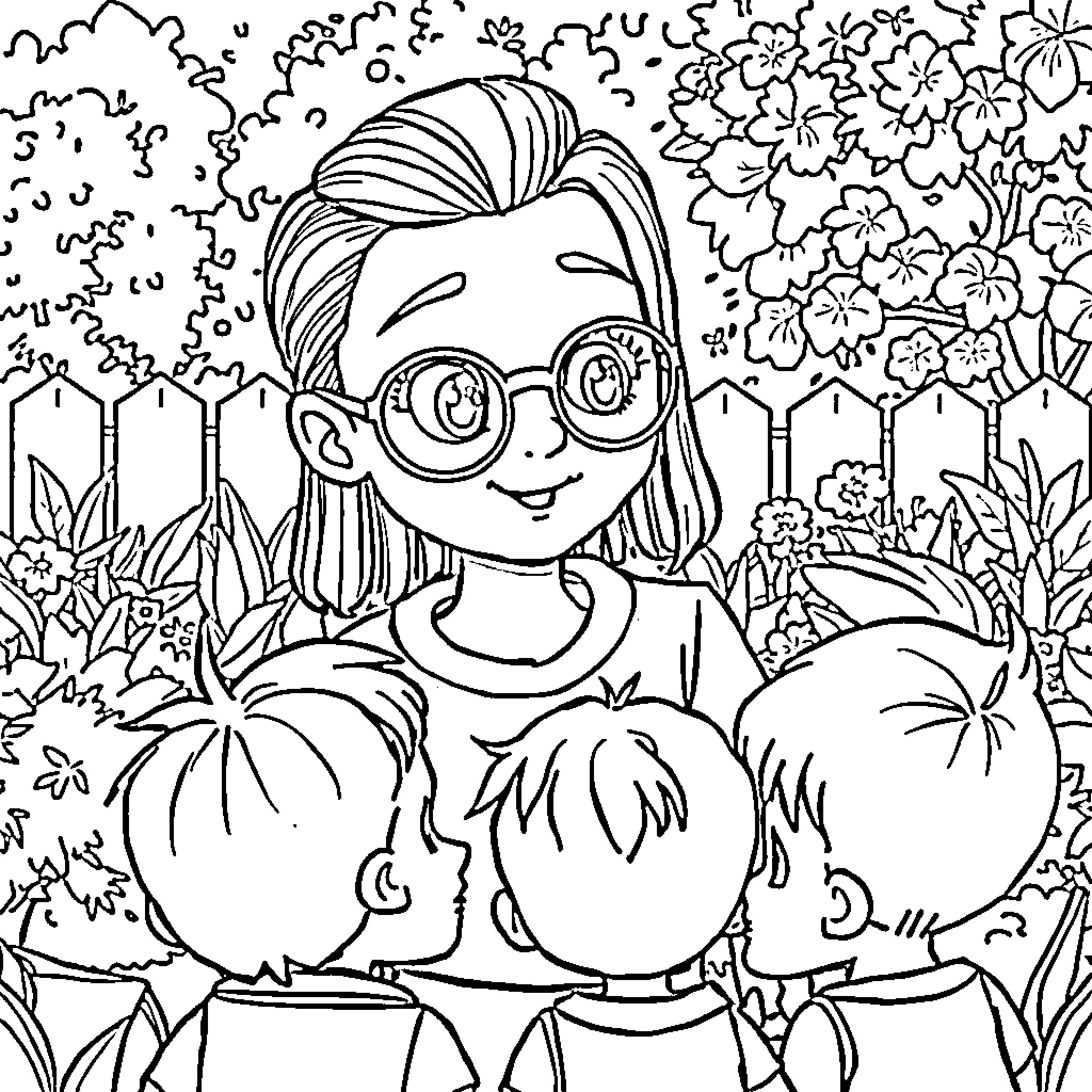 Maestra teaching students in a garden setting Coloring Page (free black-and-white line drawing printable PDF for all, from beginners to advanced learners, including children, teens, adults, and seniors)
