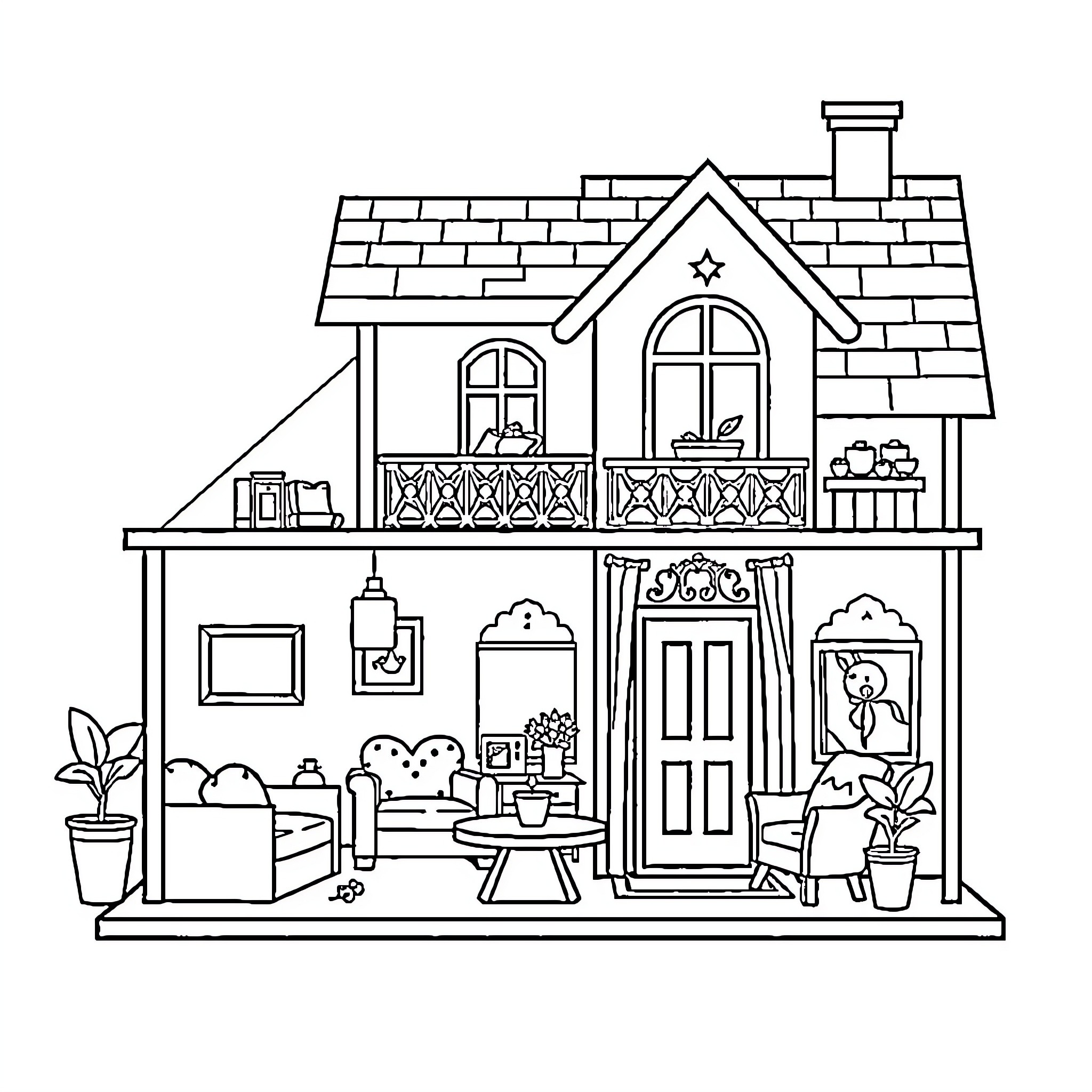 Barbie House with Cozy Interior and Outdoor Decor Coloring Page (free black-and-white line drawing printable PDF for all, from beginners to advanced learners, including children, teens, adults, and seniors)