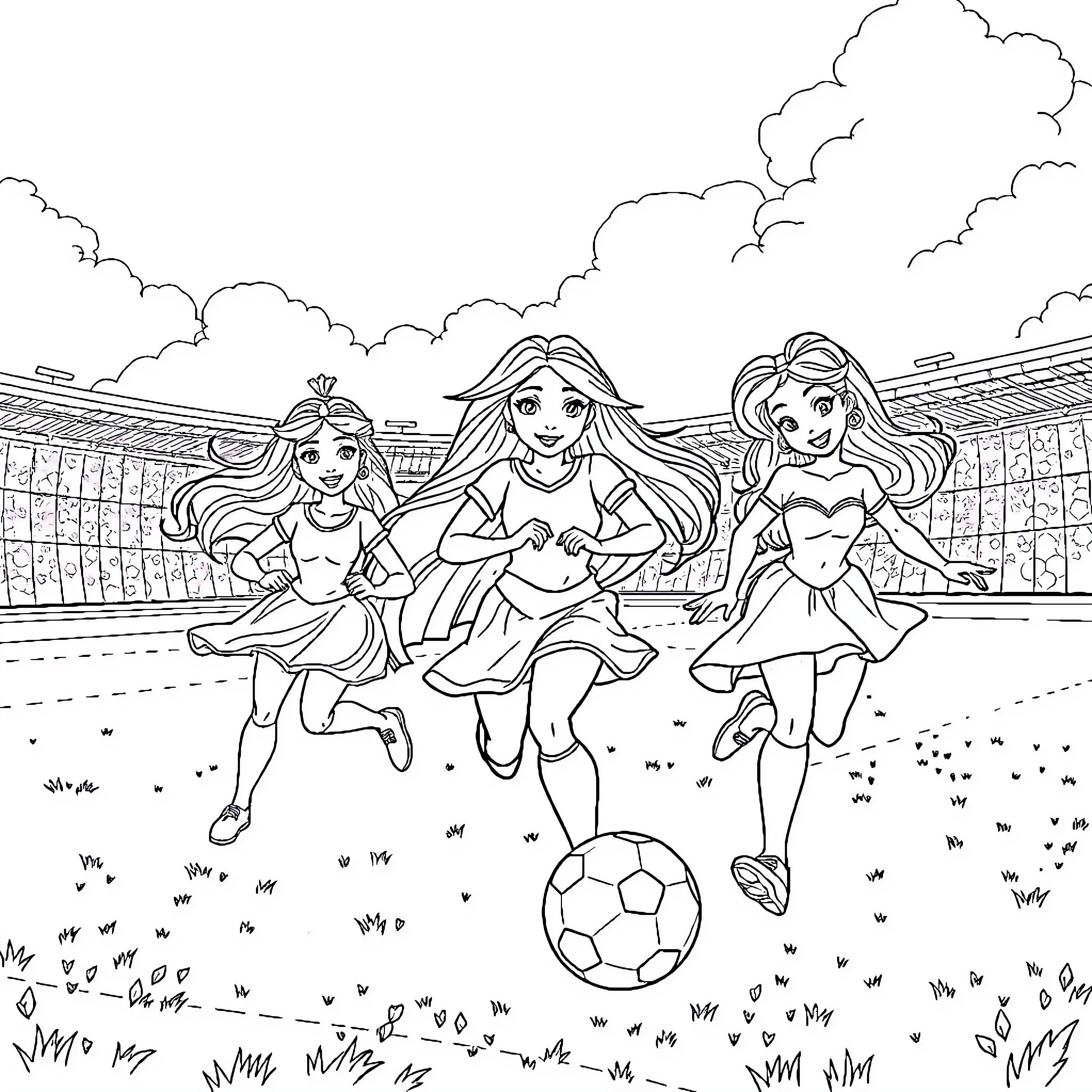 Disney Princess Soccer Game on the Field Coloring Page (free black-and-white line drawing printable PDF for all, from beginners to advanced learners, including children, teens, adults, and seniors)