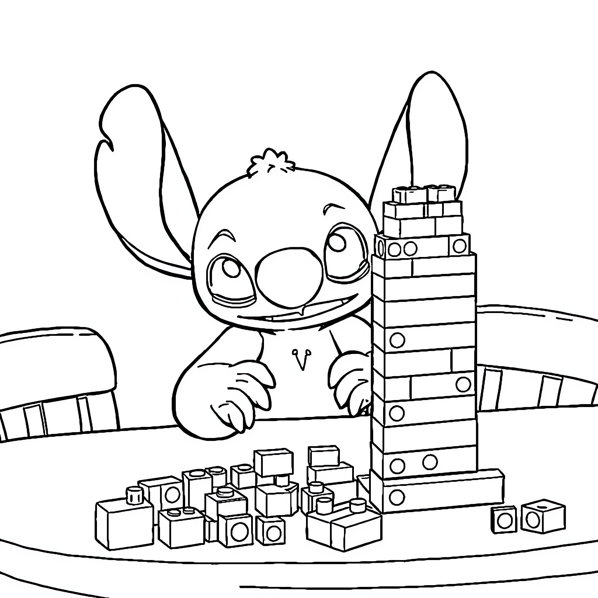 Stitch playing with building blocks Coloring Page (free black-and-white line drawing printable PDF for all, from beginners to advanced learners, including children, teens, adults, and seniors)