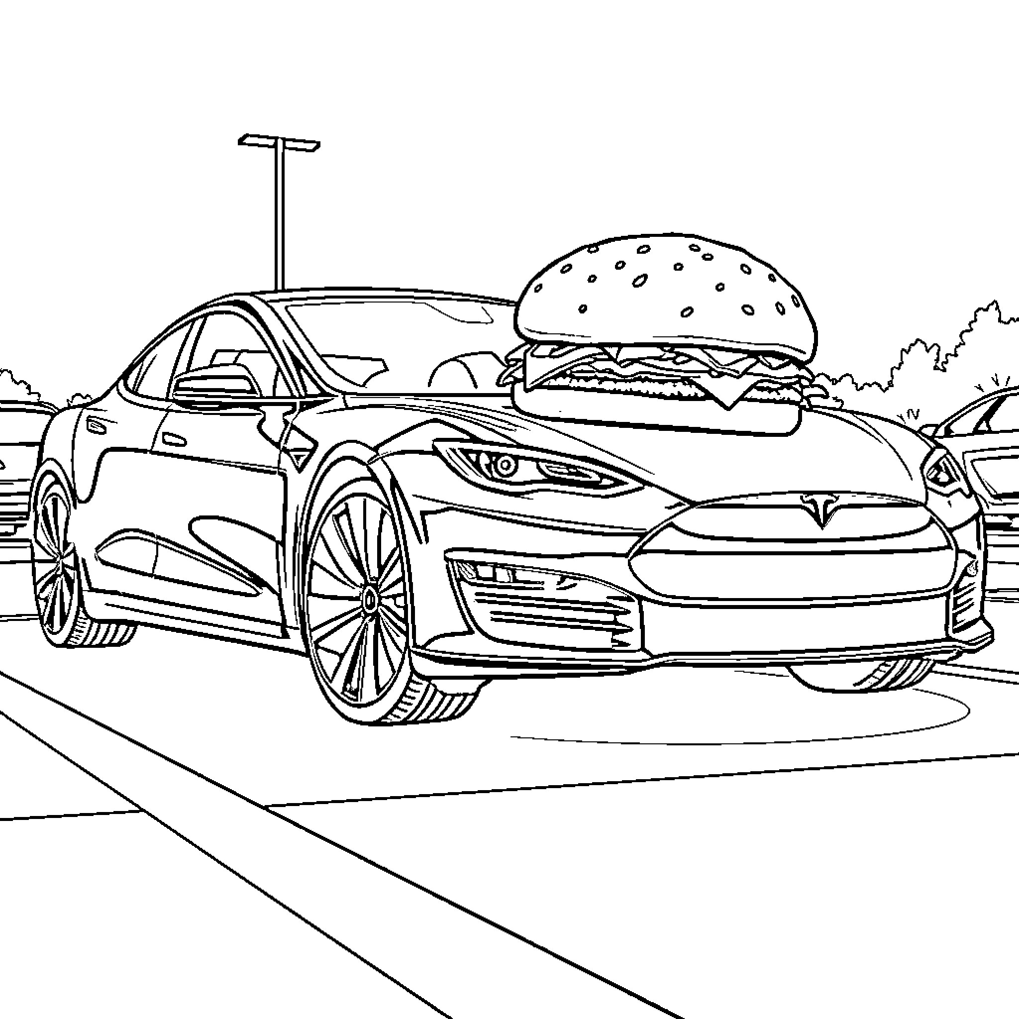 Tesla electric car parked near giant burger Coloring Page (free black-and-white line drawing printable PDF for all, from beginners to advanced learners, including children, teens, adults, and seniors)