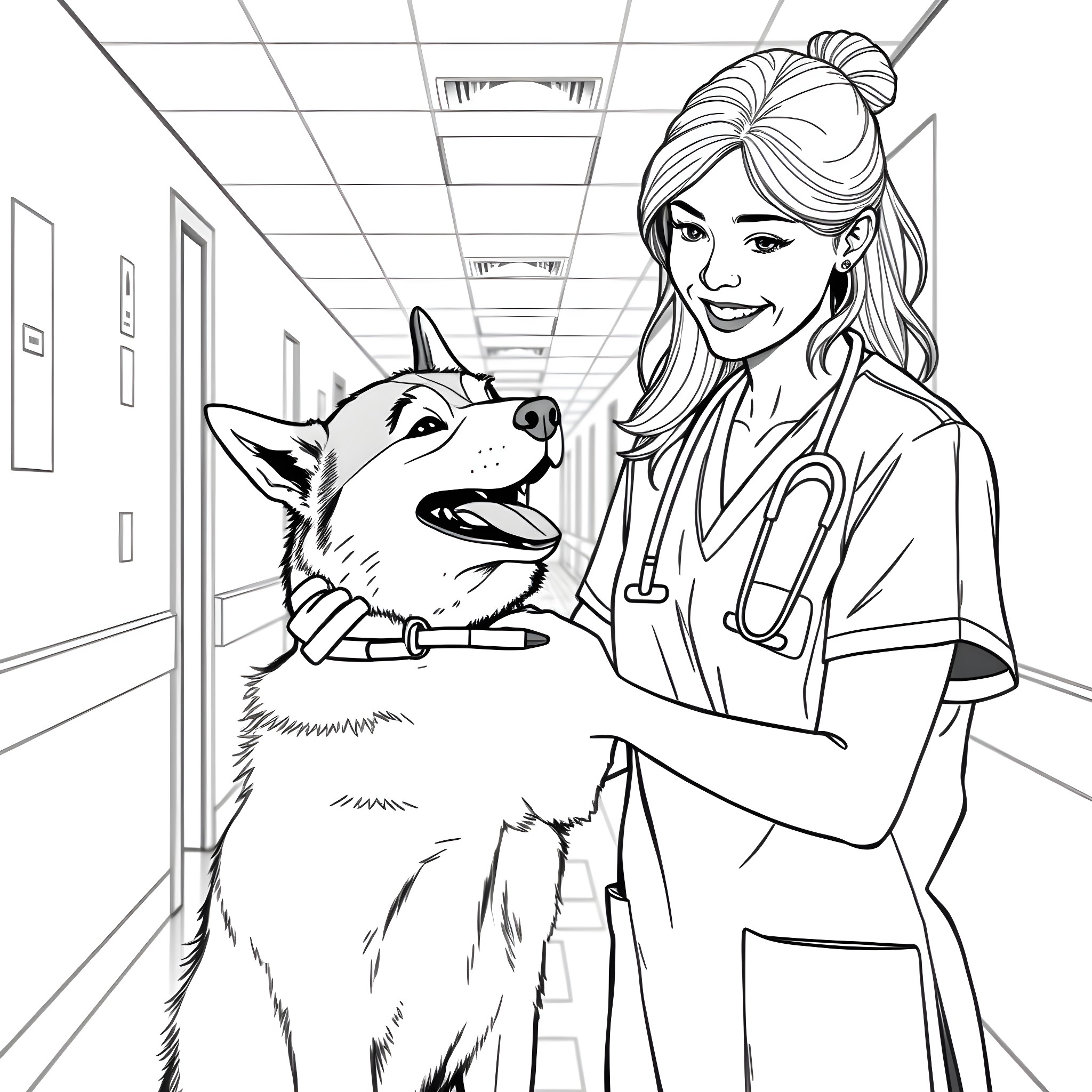 Nurse caring for a friendly canine patient Coloring Page (free black-and-white line drawing printable PDF for all, from beginners to advanced learners, including children, teens, adults, and seniors)