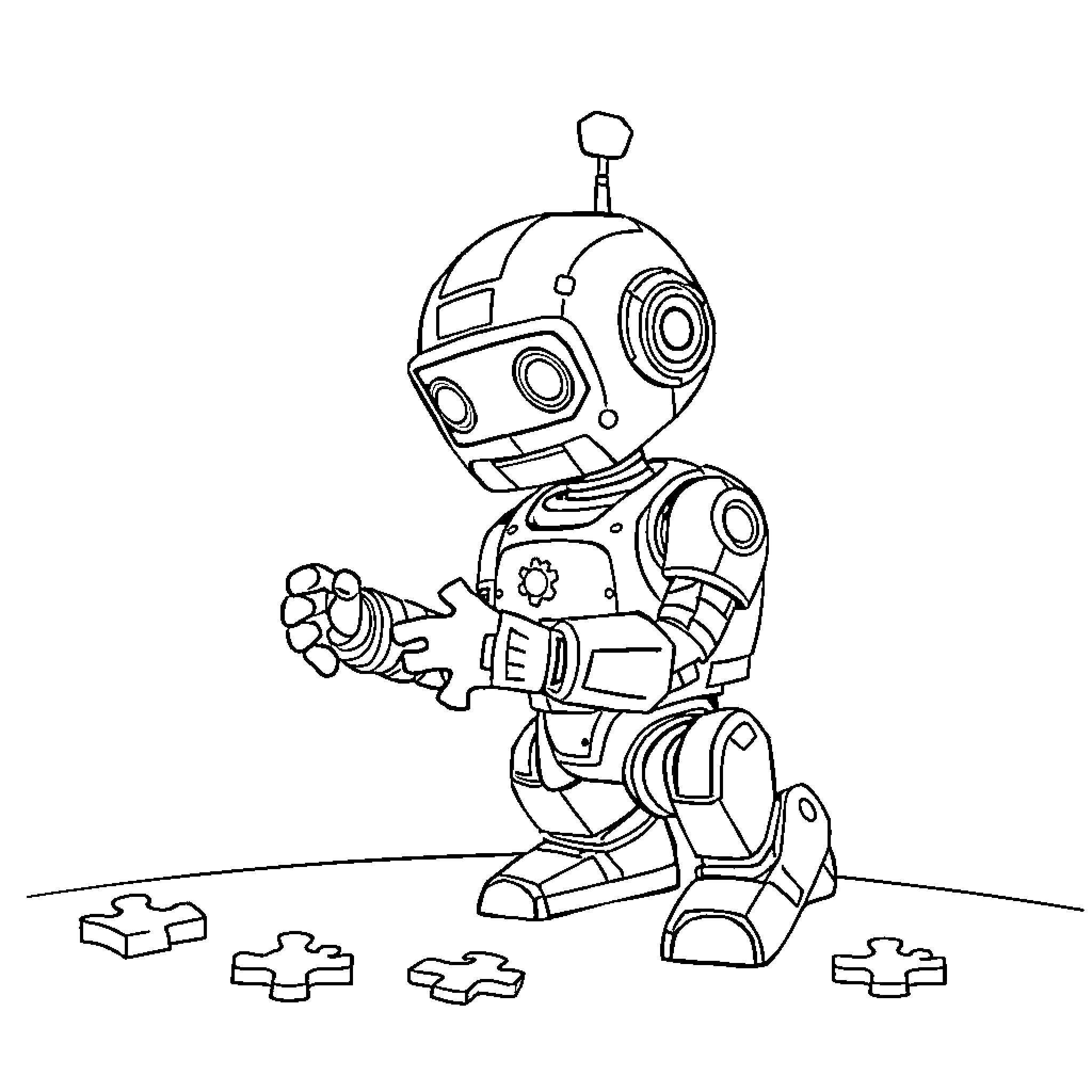 Robot playing with puzzles on the floor Coloring Page (free black-and-white line drawing printable PDF for all, from beginners to advanced learners, including children, teens, adults, and seniors)