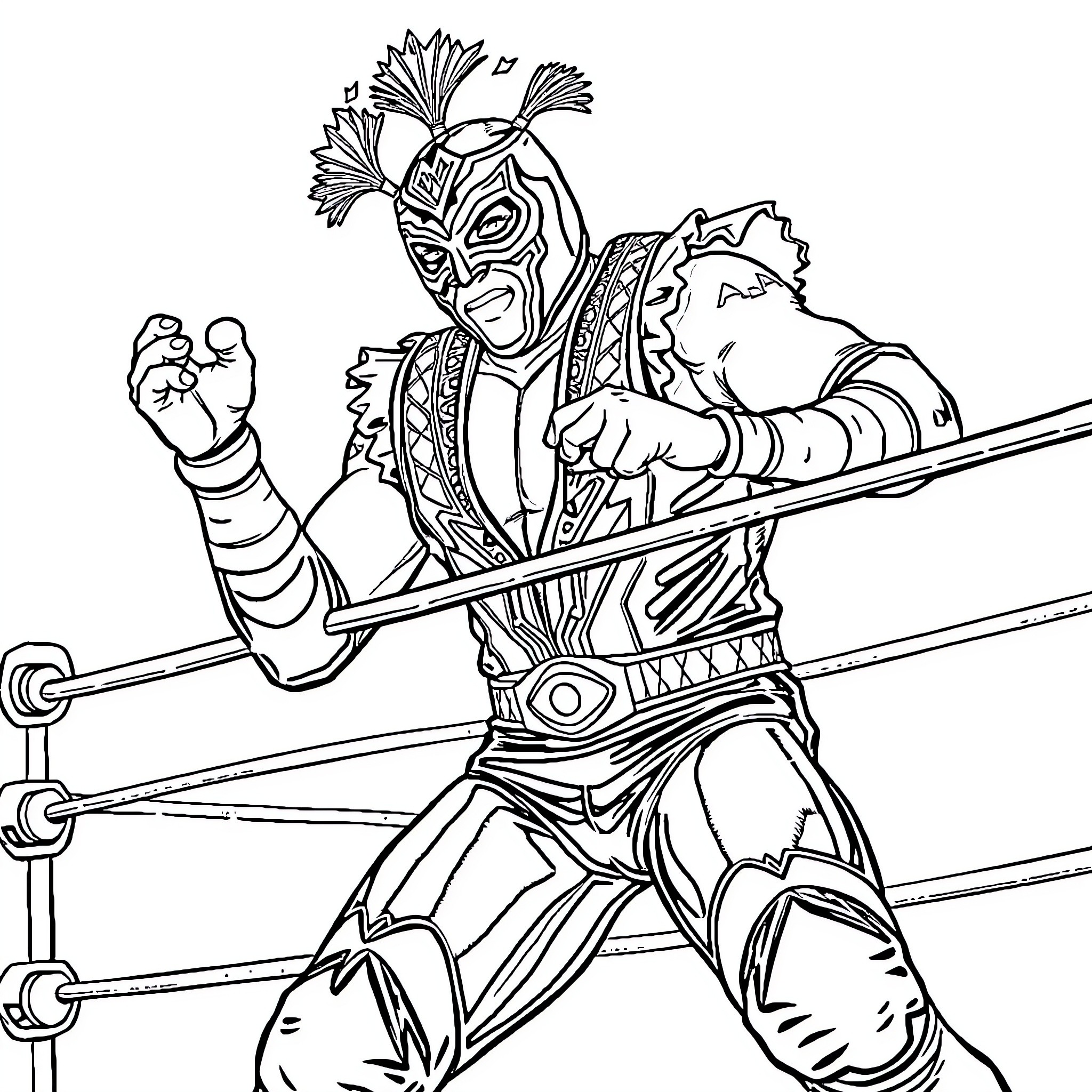 Rey Mysterio Performing Dynamic Wrestling Moves Coloring Page (free black-and-white line drawing printable PDF for all, from beginners to advanced learners, including children, teens, adults, and seniors)