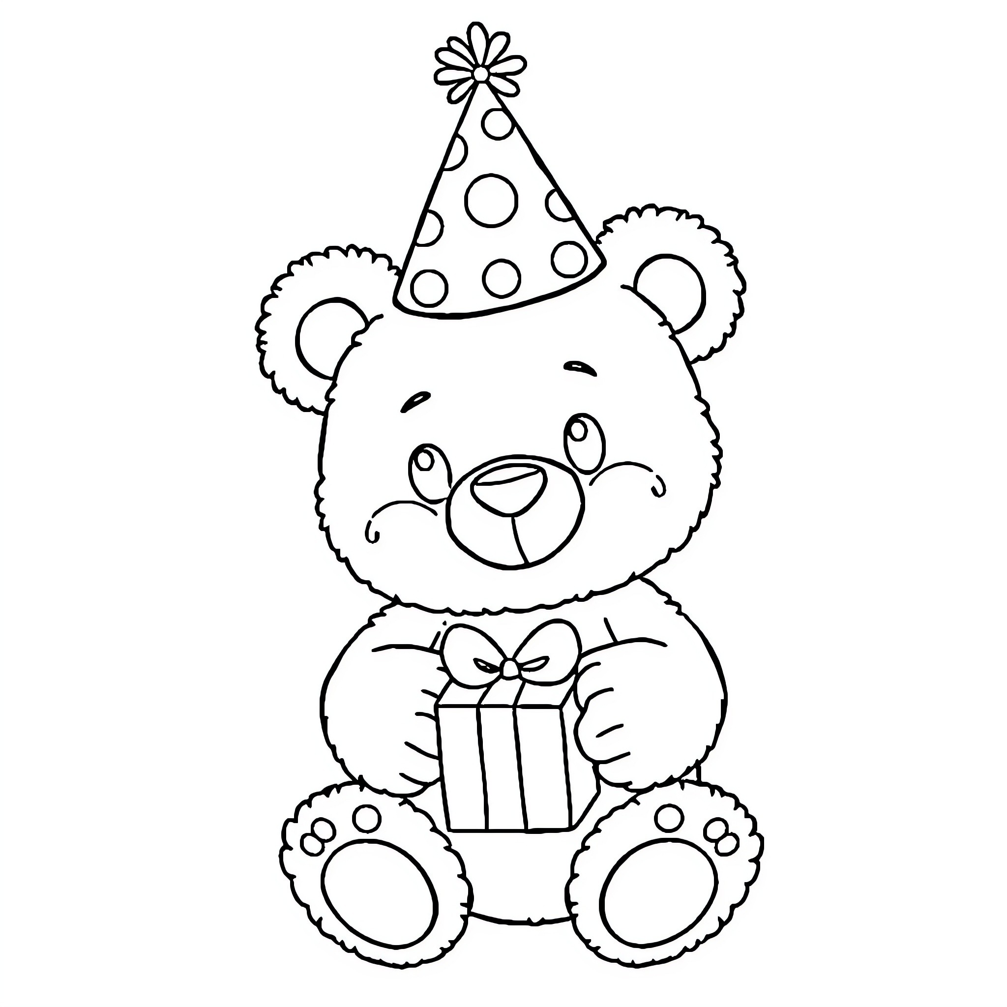 Teddy Bear with Party Hat Holding a Gift Coloring Page (free black-and-white line drawing printable PDF for all, from beginners to advanced learners, including children, teens, adults, and seniors)