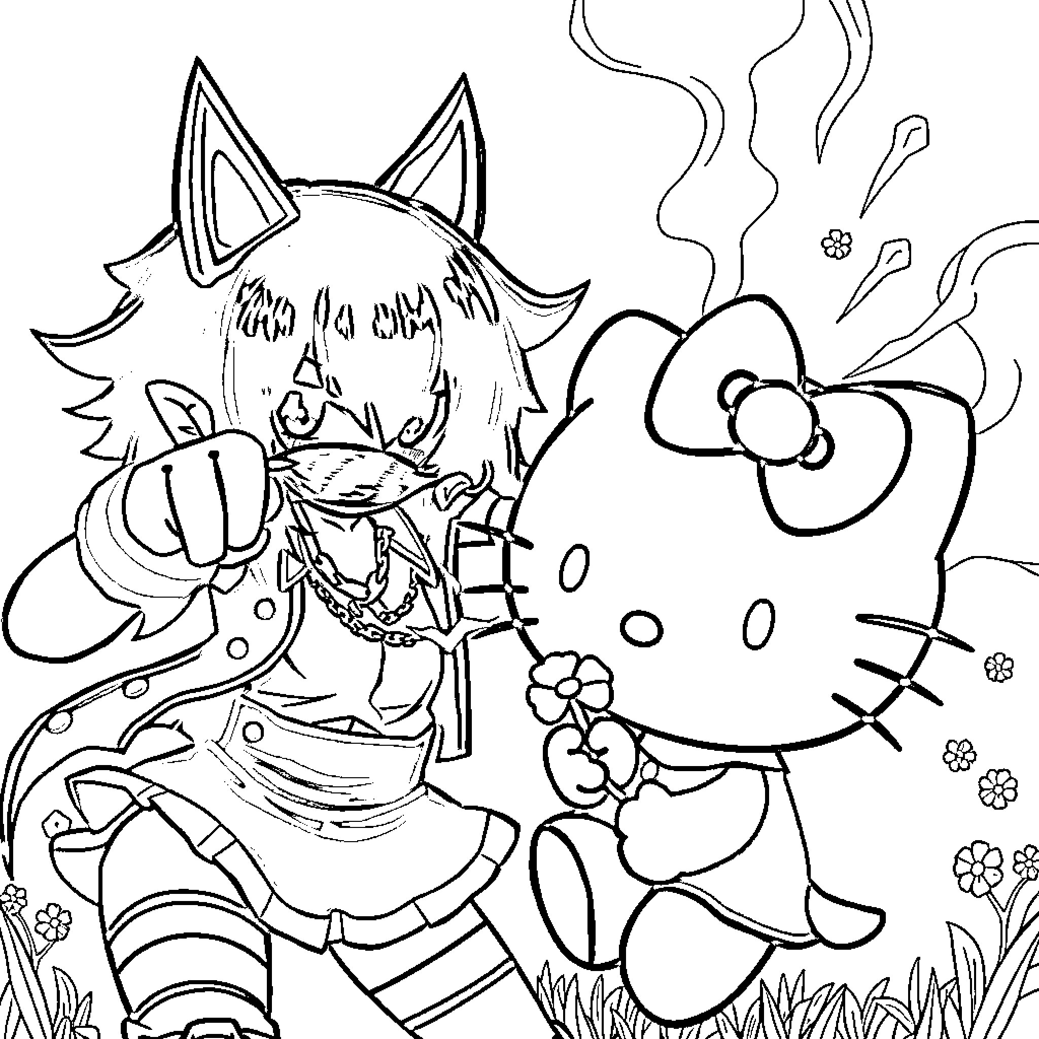 Kuromi and Hello Kitty enjoying a playful encounter Coloring Page (free black-and-white line drawing printable PDF for all, from beginners to advanced learners, including children, teens, adults, and seniors)