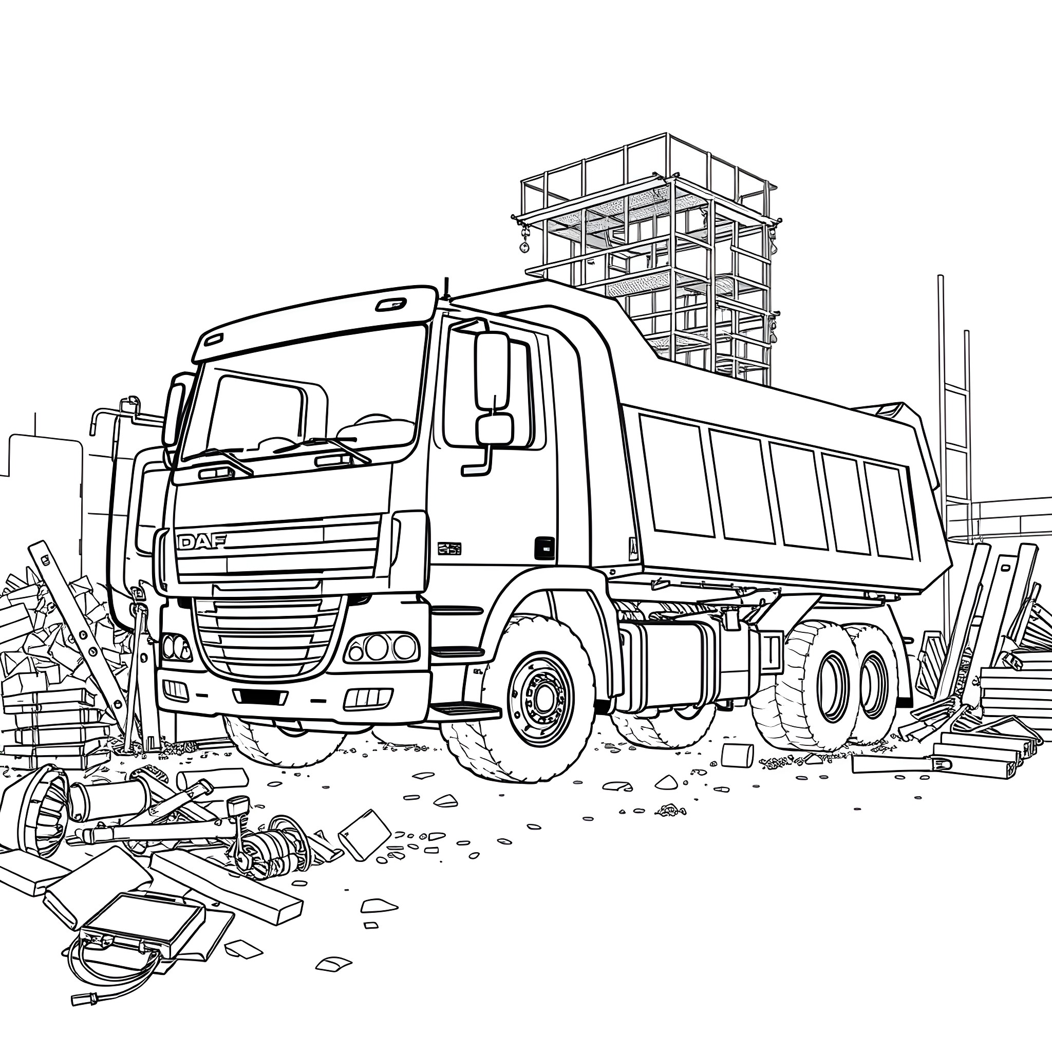 Lorry Transporting Construction Materials on Site Coloring Page (free black-and-white line drawing printable PDF for all, from beginners to advanced learners, including children, teens, adults, and seniors)