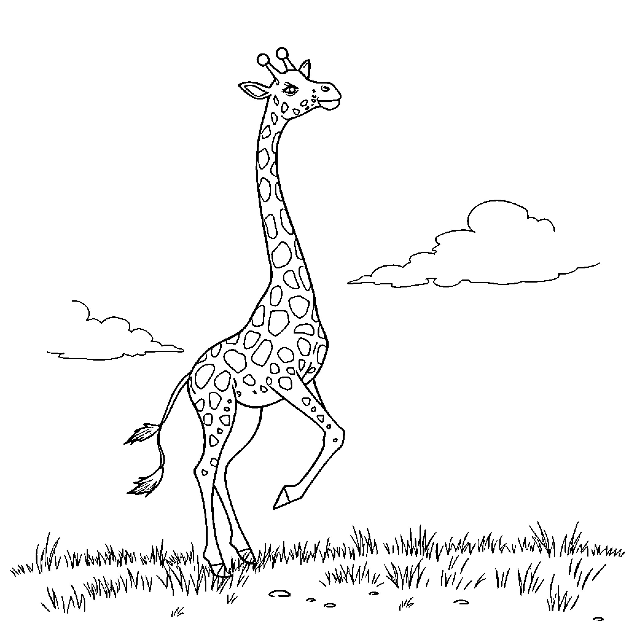 Giraffe strolling in the grassy meadow Coloring Page (free black-and-white line drawing printable PDF for all, from beginners to advanced learners, including children, teens, adults, and seniors)