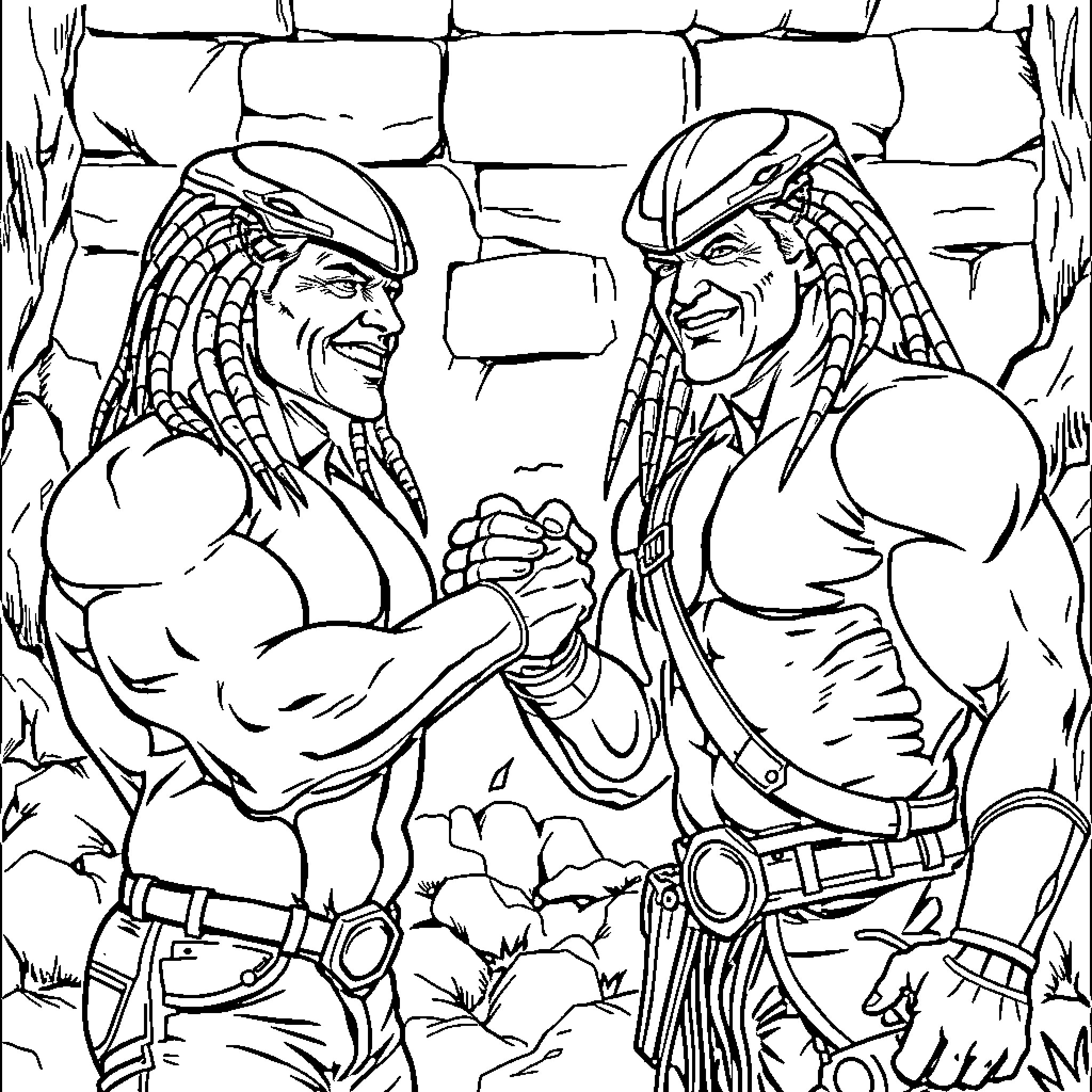 Predator warriors engaged in fierce combat Coloring Page (free black-and-white line drawing printable PDF for all, from beginners to advanced learners, including children, teens, adults, and seniors)