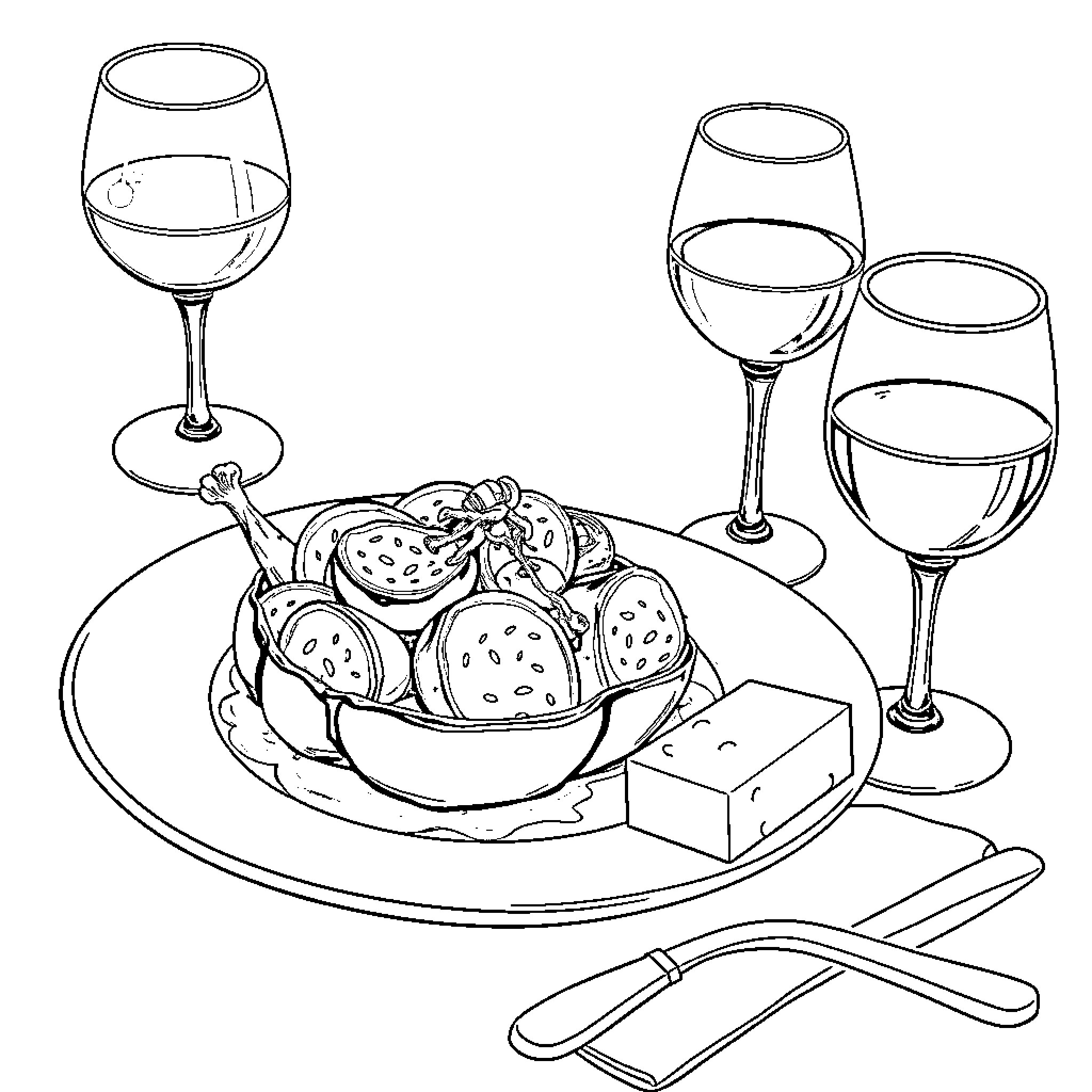 Ratatouille with Wine Glasses Coloring Page (free black-and-white line drawing printable PDF for all, from beginners to advanced learners, including children, teens, adults, and seniors)