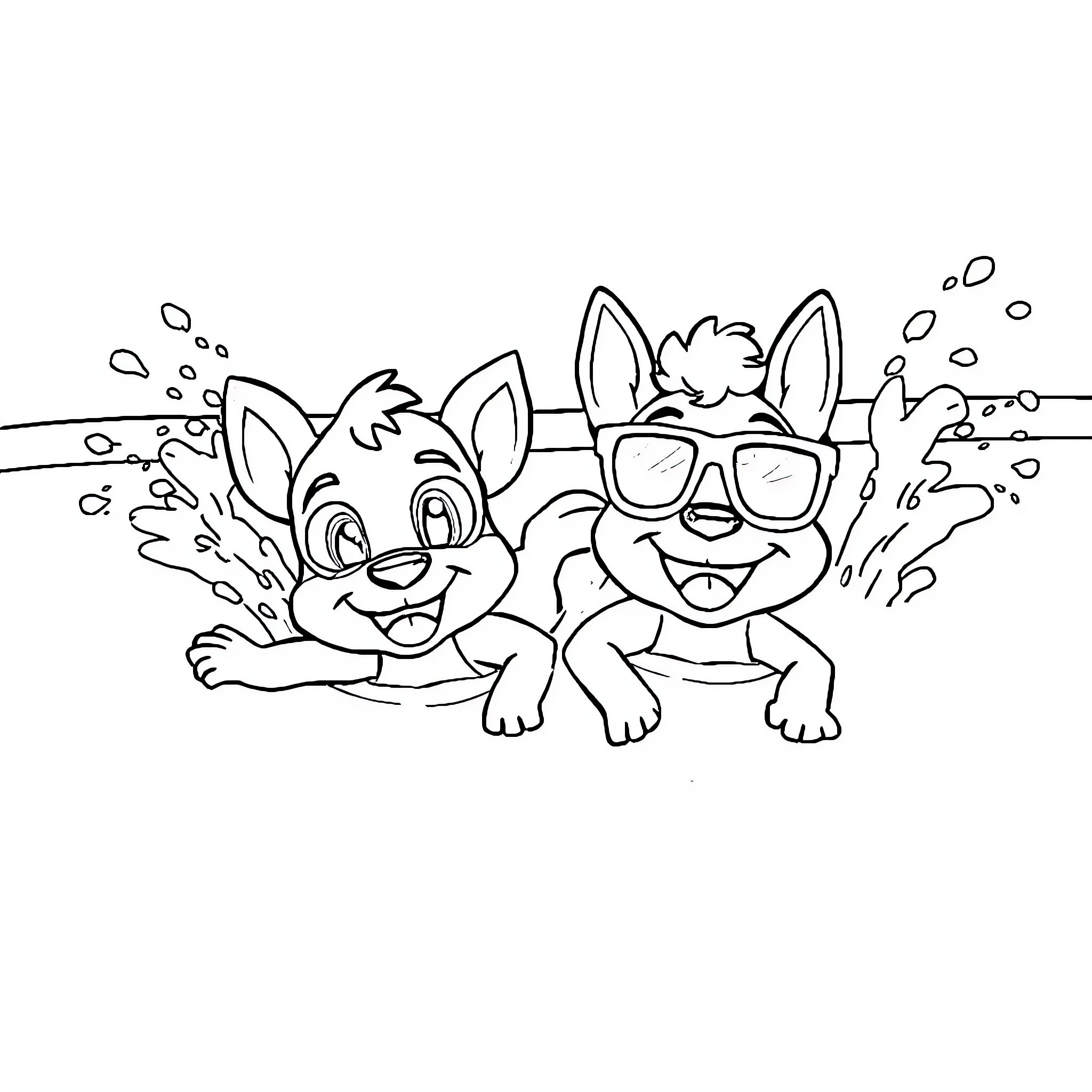 Bluey's Playful Adventure in the Water Coloring Page (free black-and-white line drawing printable PDF for all, from beginners to advanced learners, including children, teens, adults, and seniors)