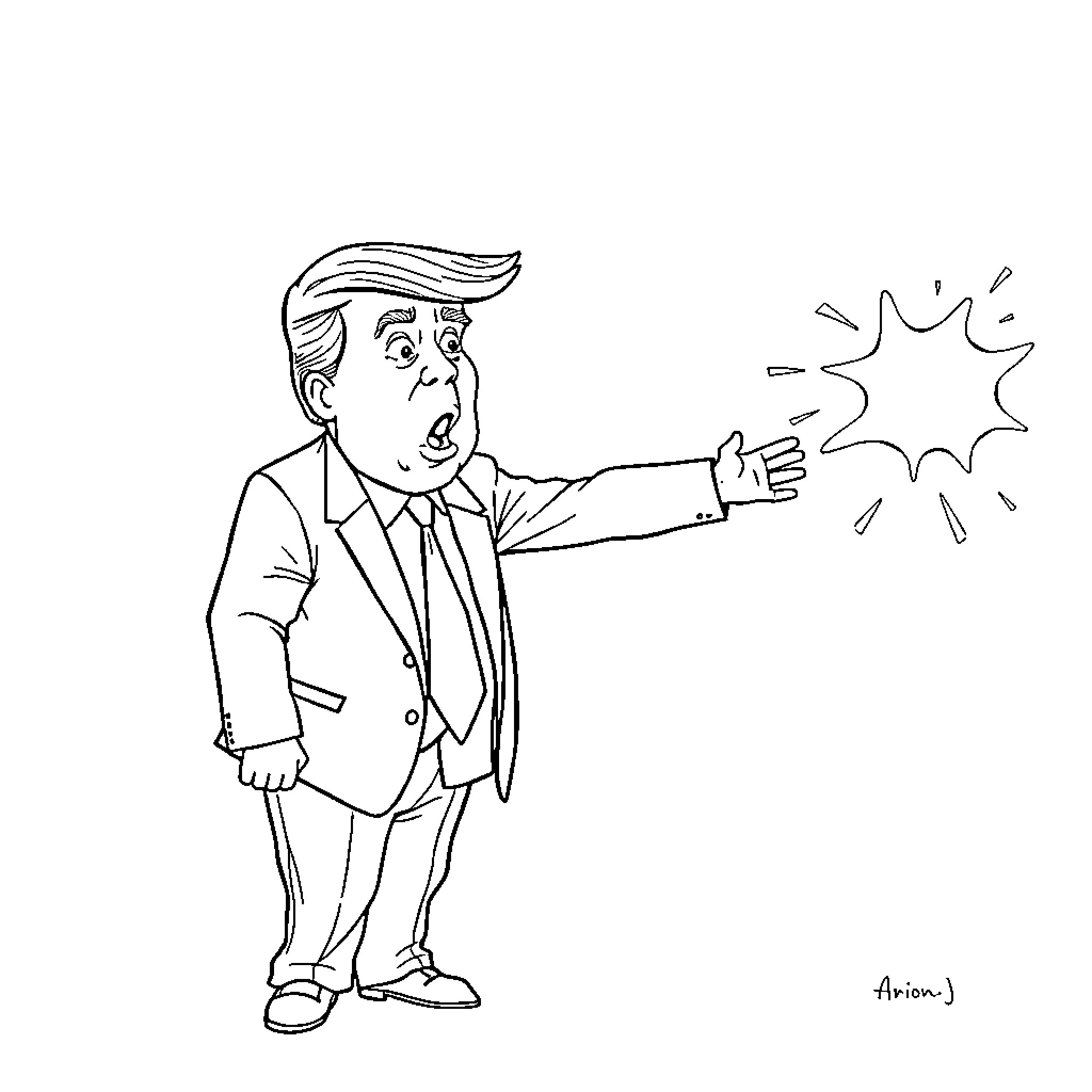 Donald Trump gesturing angrily with an outburst Coloring Page (free black-and-white line drawing printable PDF for all, from beginners to advanced learners, including children, teens, adults, and seniors)