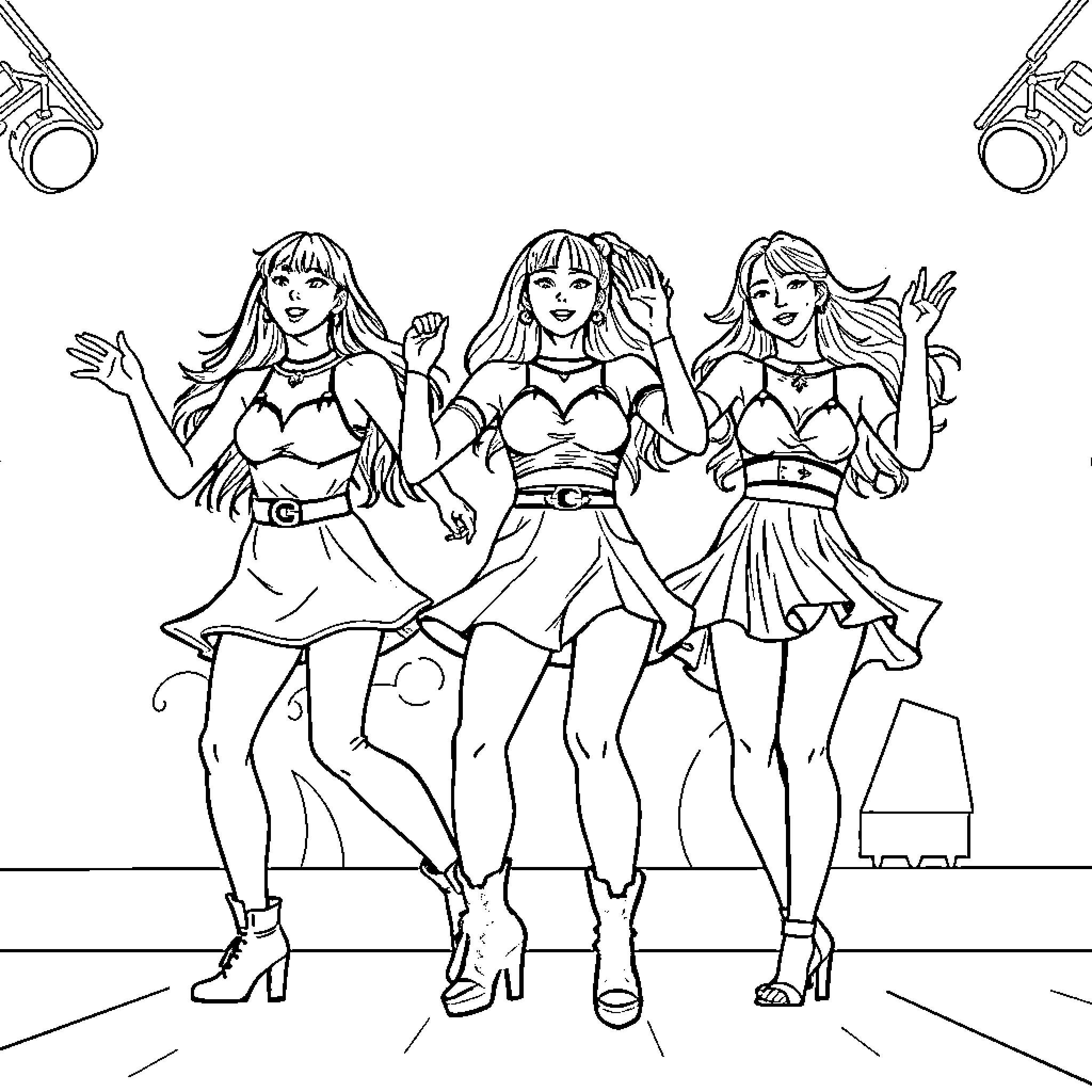 K Pop Warrior Performers in Vibrant Outfits Coloring Page (free black-and-white line drawing printable PDF for all, from beginners to advanced learners, including children, teens, adults, and seniors)