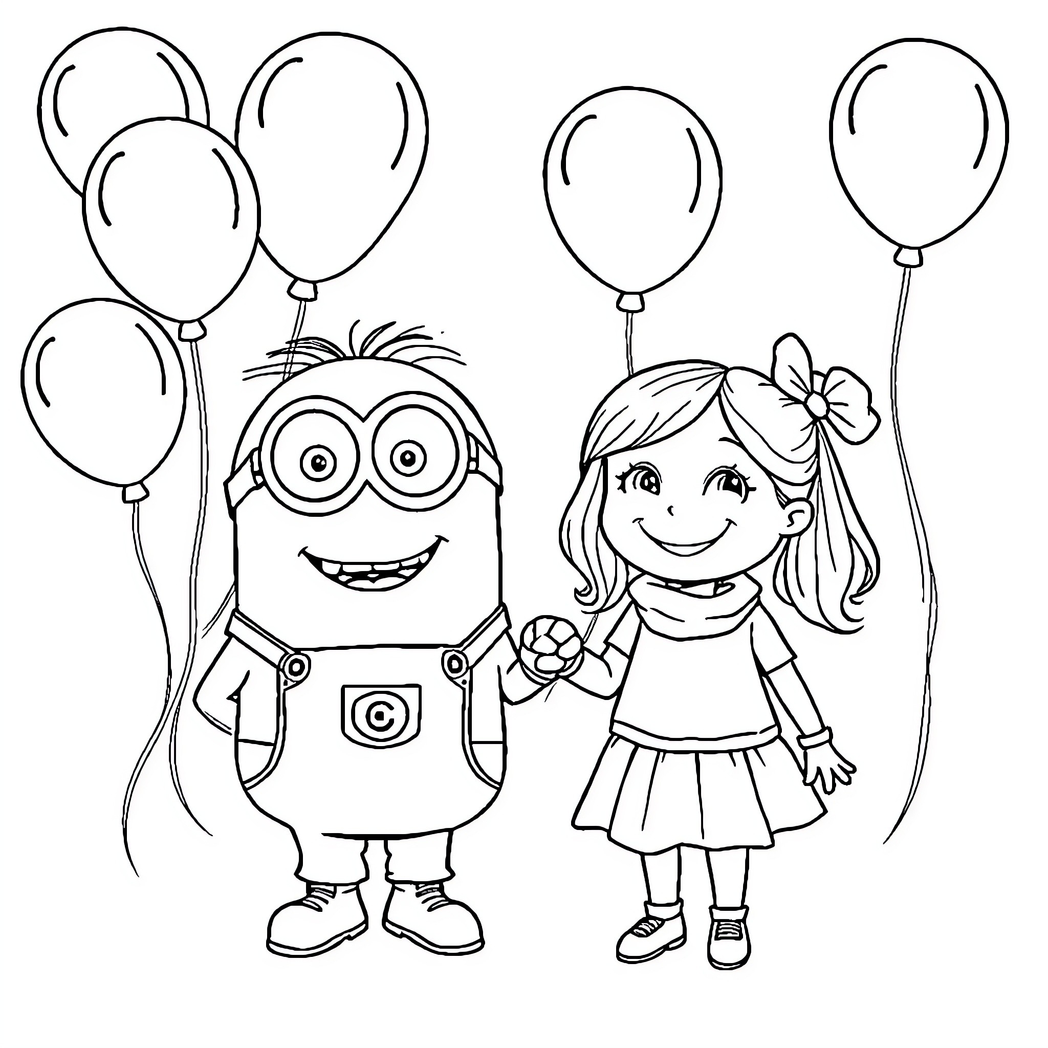 Minions playing happily with balloons Coloring Page (free black-and-white line drawing printable PDF for all, from beginners to advanced learners, including children, teens, adults, and seniors)
