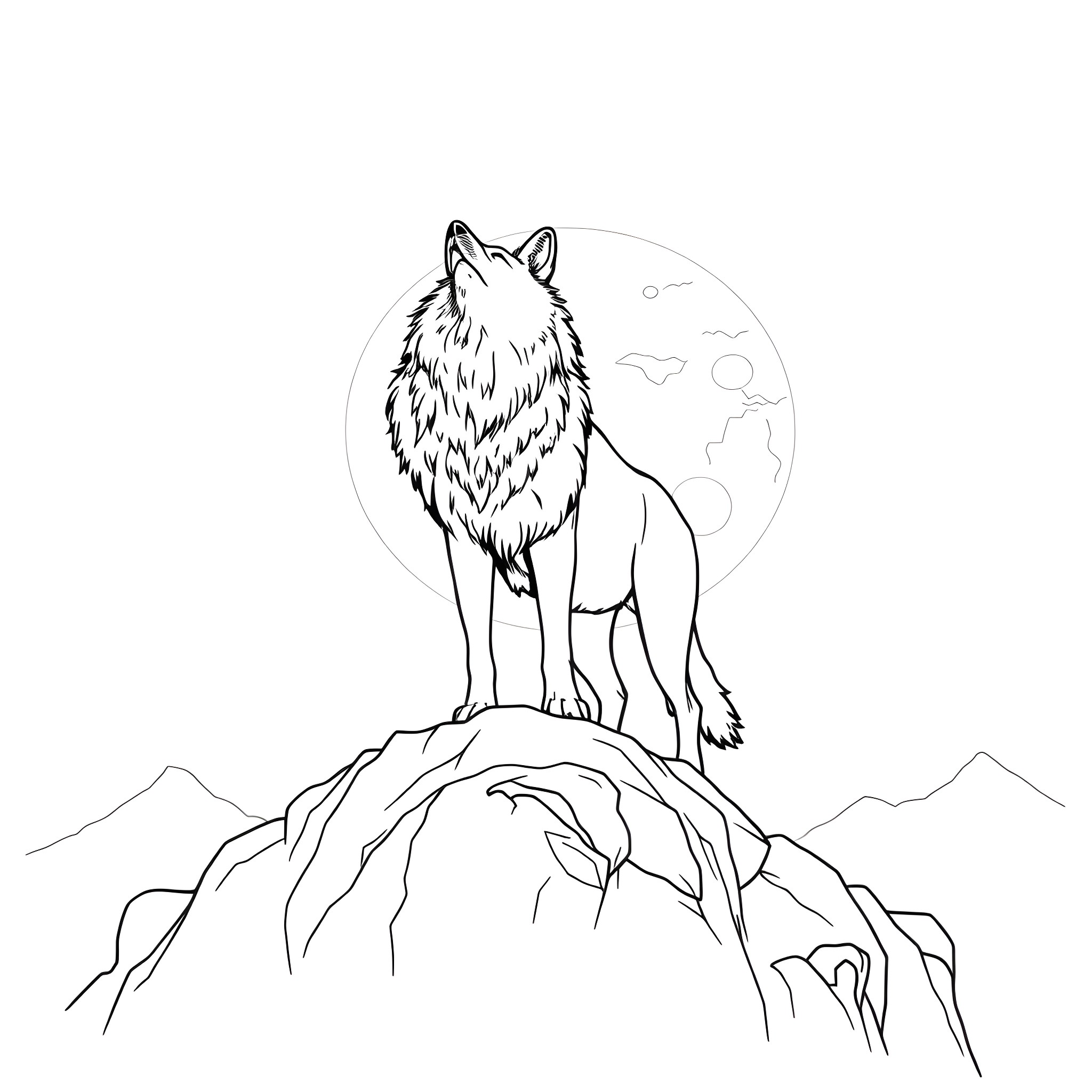 Wolf howling under the moon in the mountains Coloring Page (free black-and-white line drawing printable PDF for all, from beginners to advanced learners, including children, teens, adults, and seniors)