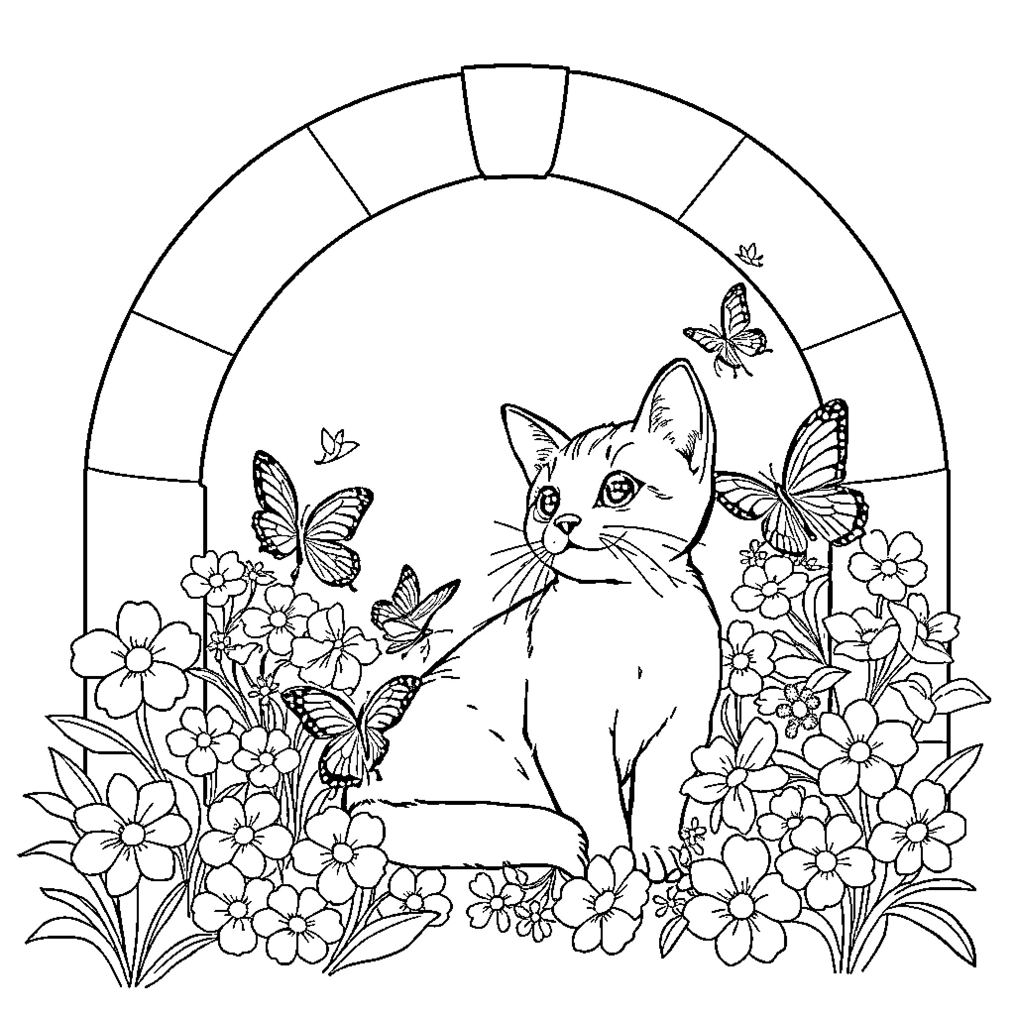 Cat Surrounded by Flowers and Butterflies Coloring Page (free black-and-white line drawing printable PDF for all, from beginners to advanced learners, including children, teens, adults, and seniors)